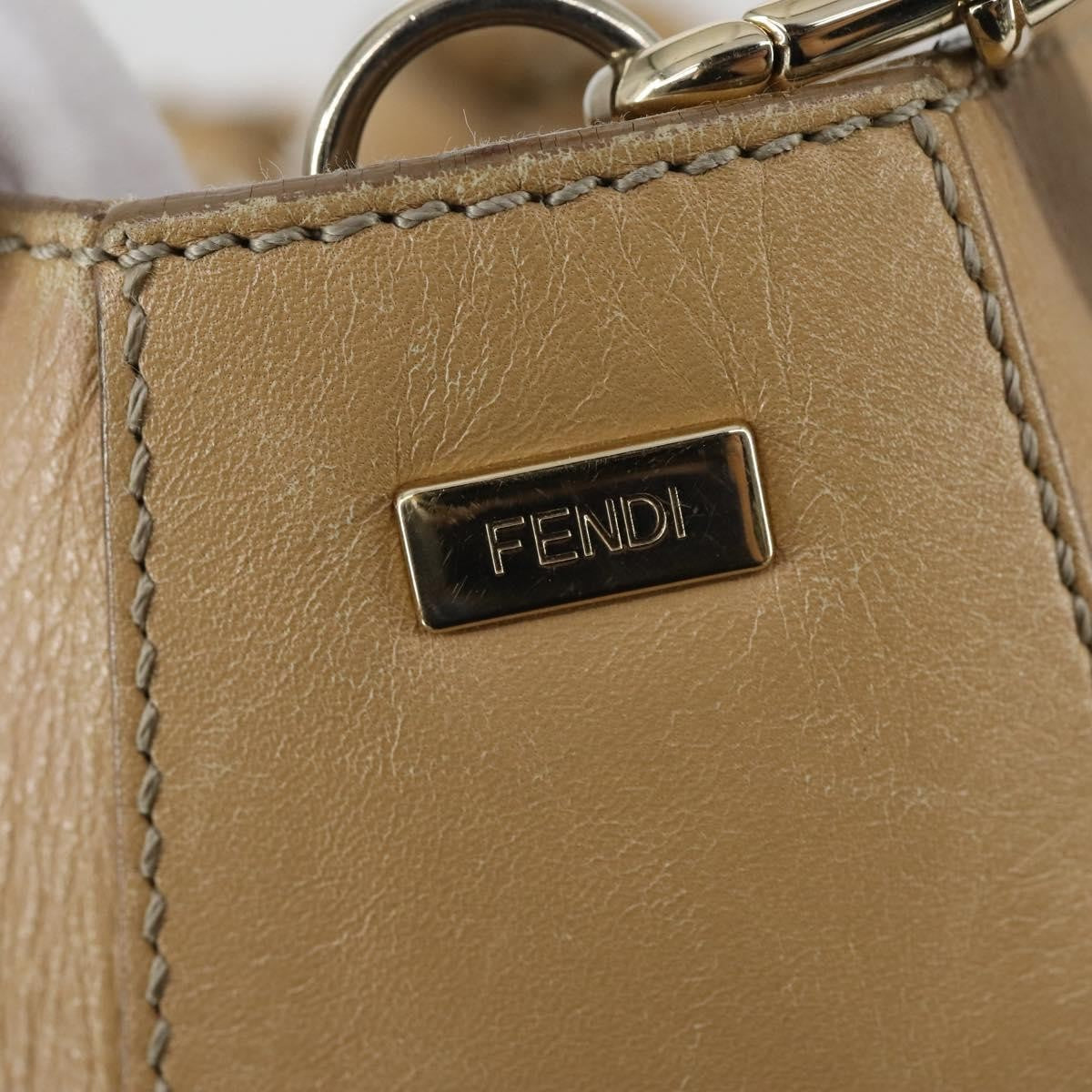 Fendi Twins Tote Leather Beige Leather Tote Bag Bag (Pre-Owned)
