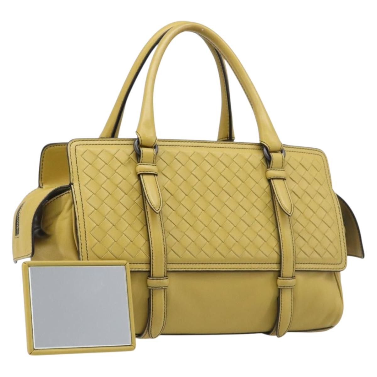 Bottega Veneta Monaco Nappa Leather With Intrecciato Detail Yellow Leather Handbag (Pre-Owned)