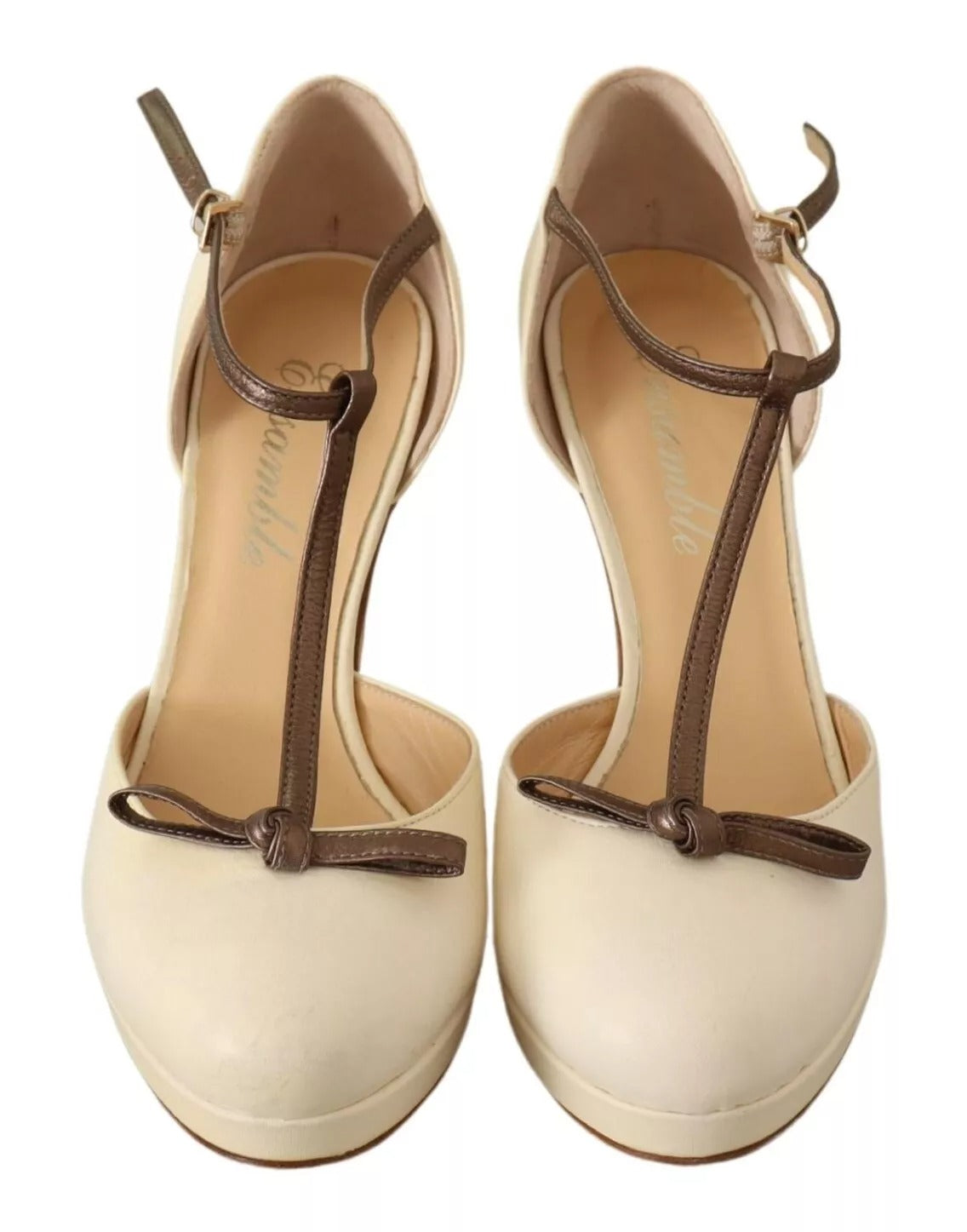SERGIO LEVANTESI Beige T-Strap Block Heels Pumps Leather Women's Shoes (Pre-Owned)