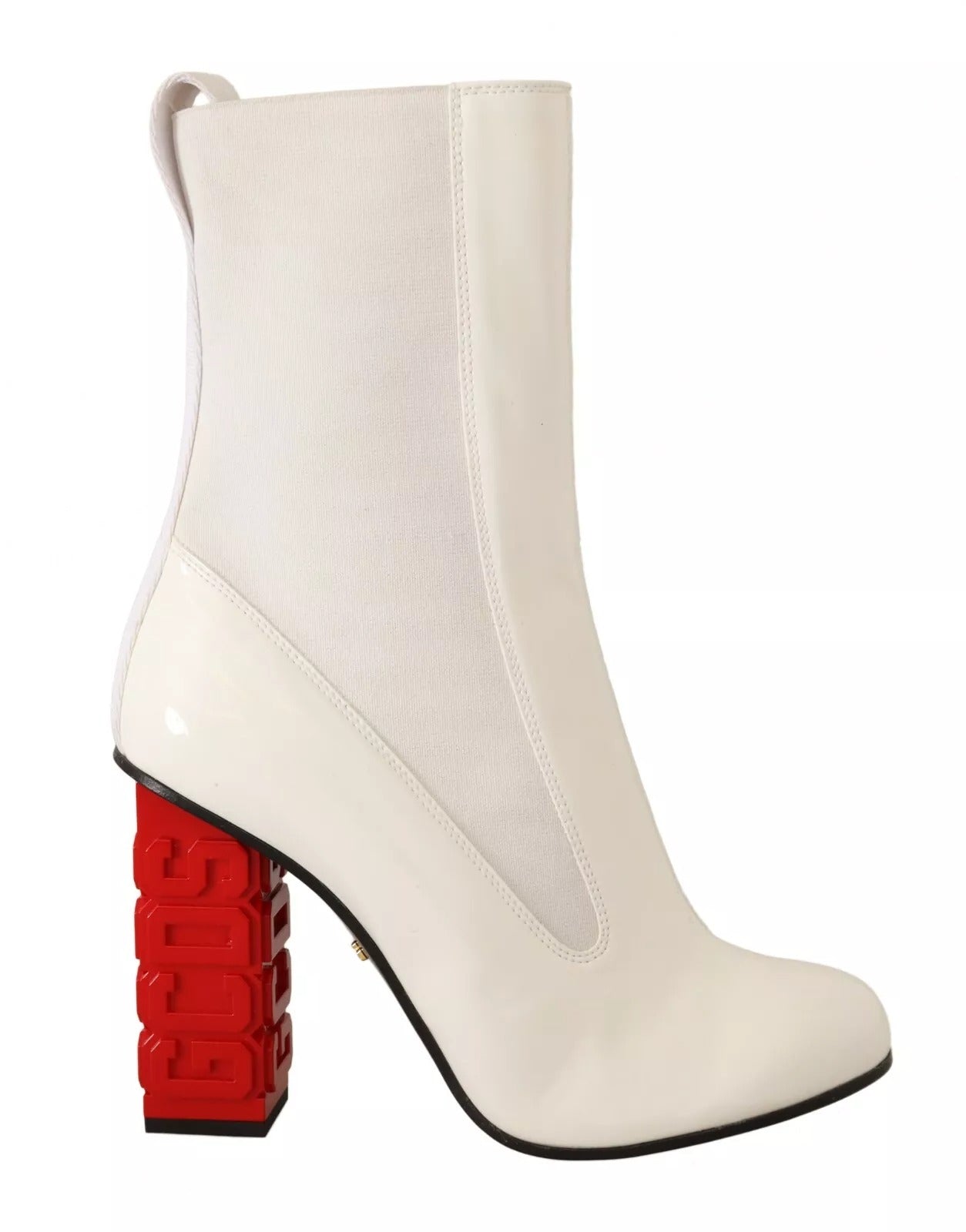 GCDS White Leather Fabric Red Logo Heel Ankle Boots Women's Shoes (Pre-Owned)
