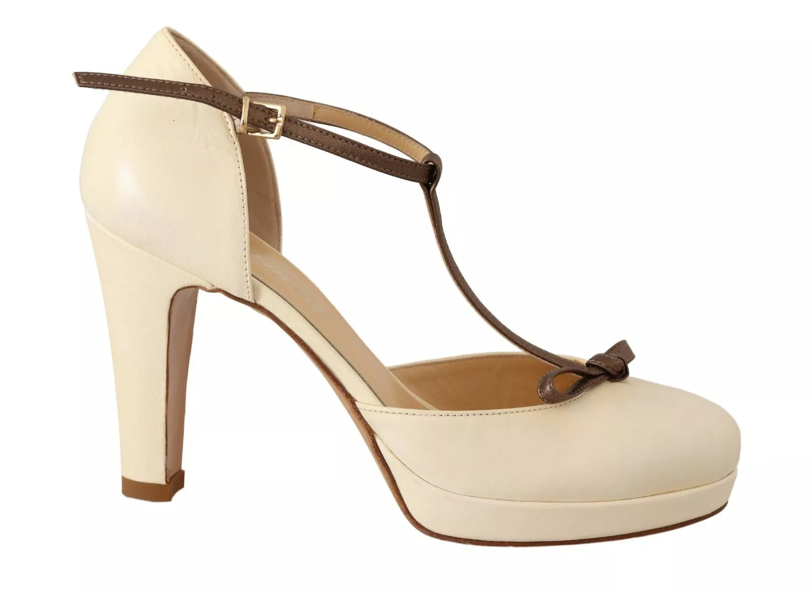 SERGIO LEVANTESI Off White Leather T-Strap Heels Sandals Women's Shoes (Pre-Owned)