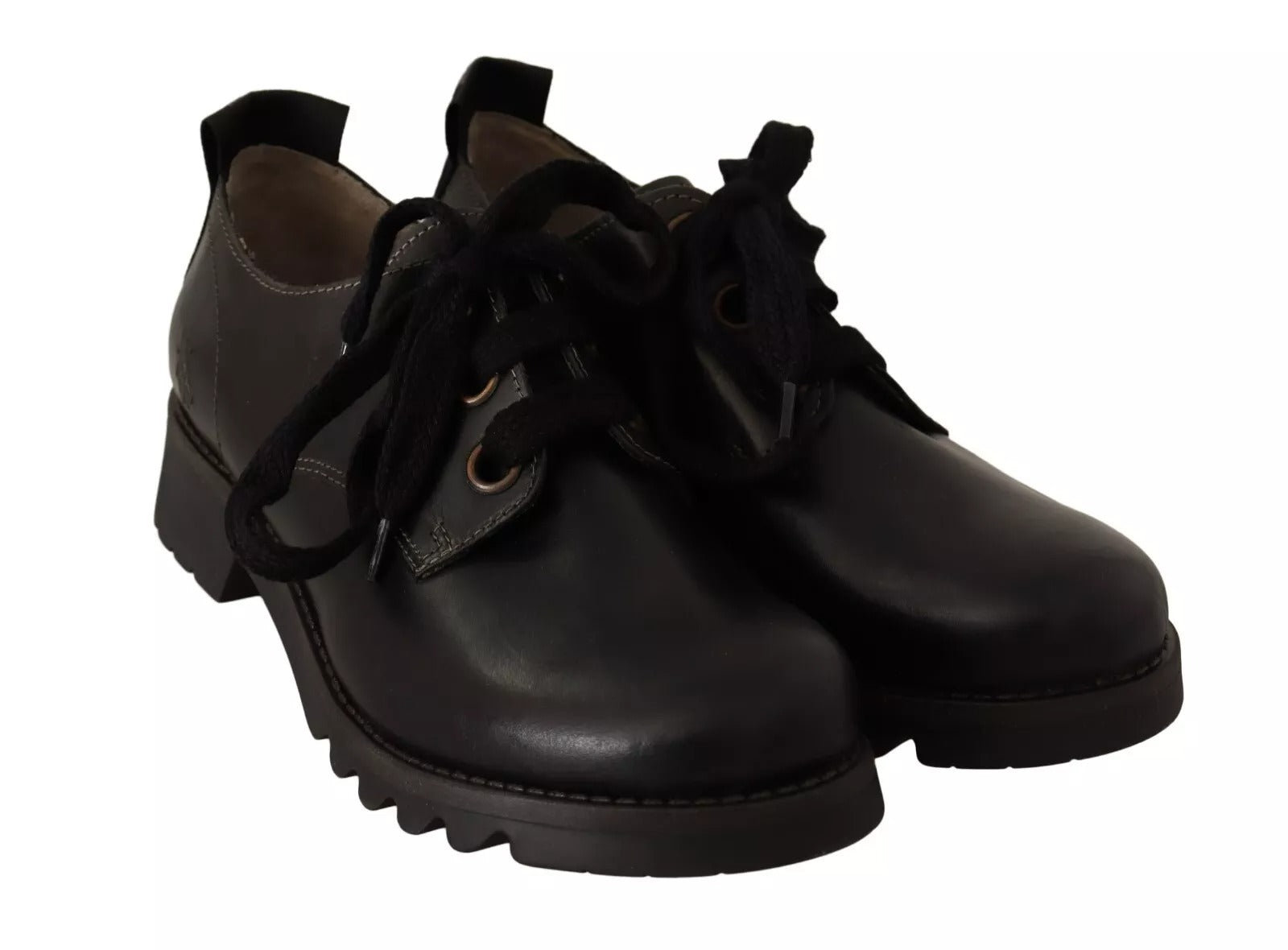 FLY LONDON Black Leather Low Top Lace Up Women Oxford Women's Shoes (Pre-Owned)