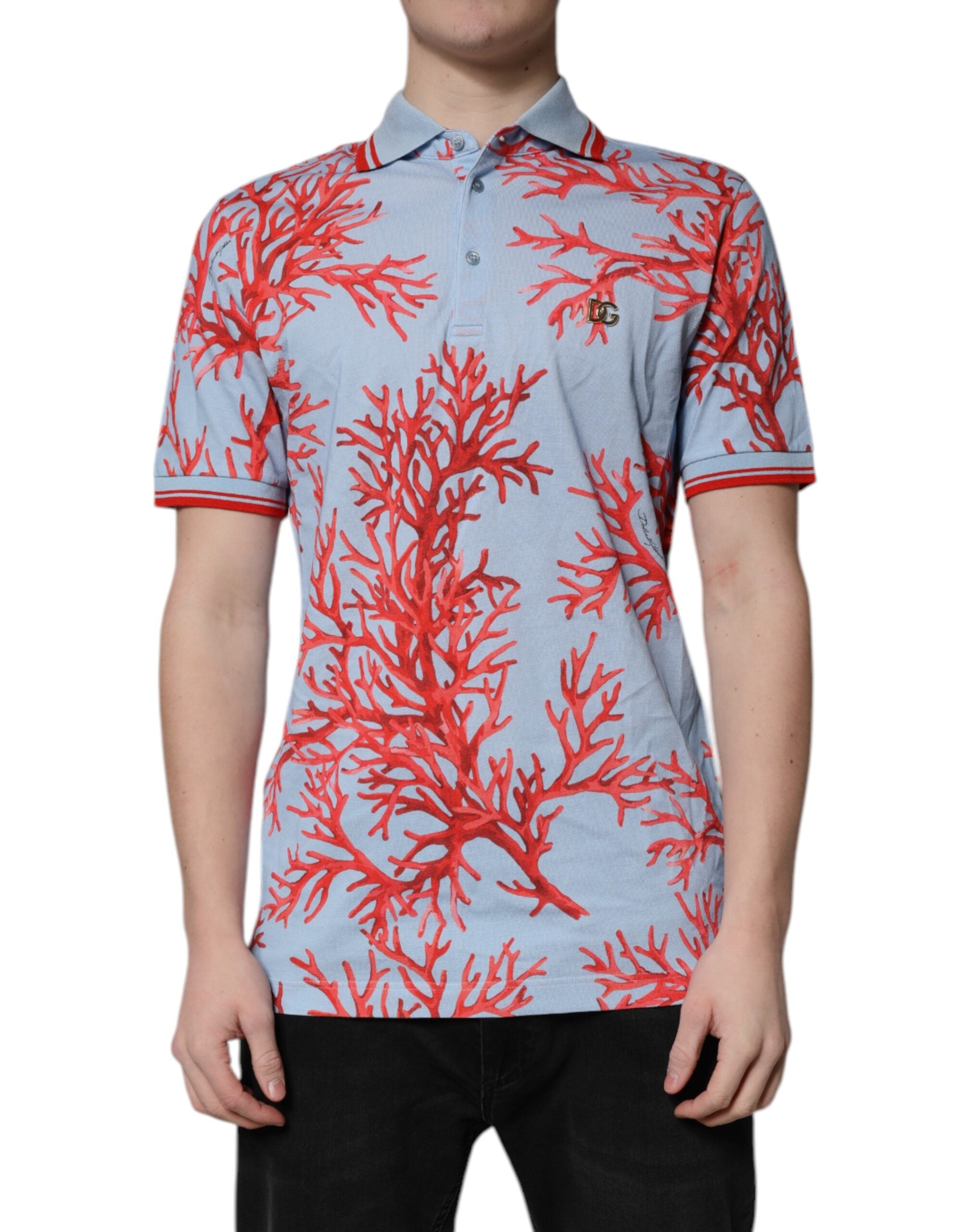 Dolce & Gabbana Light Blue Coral Cotton Polo Shirt Men's T-shirt