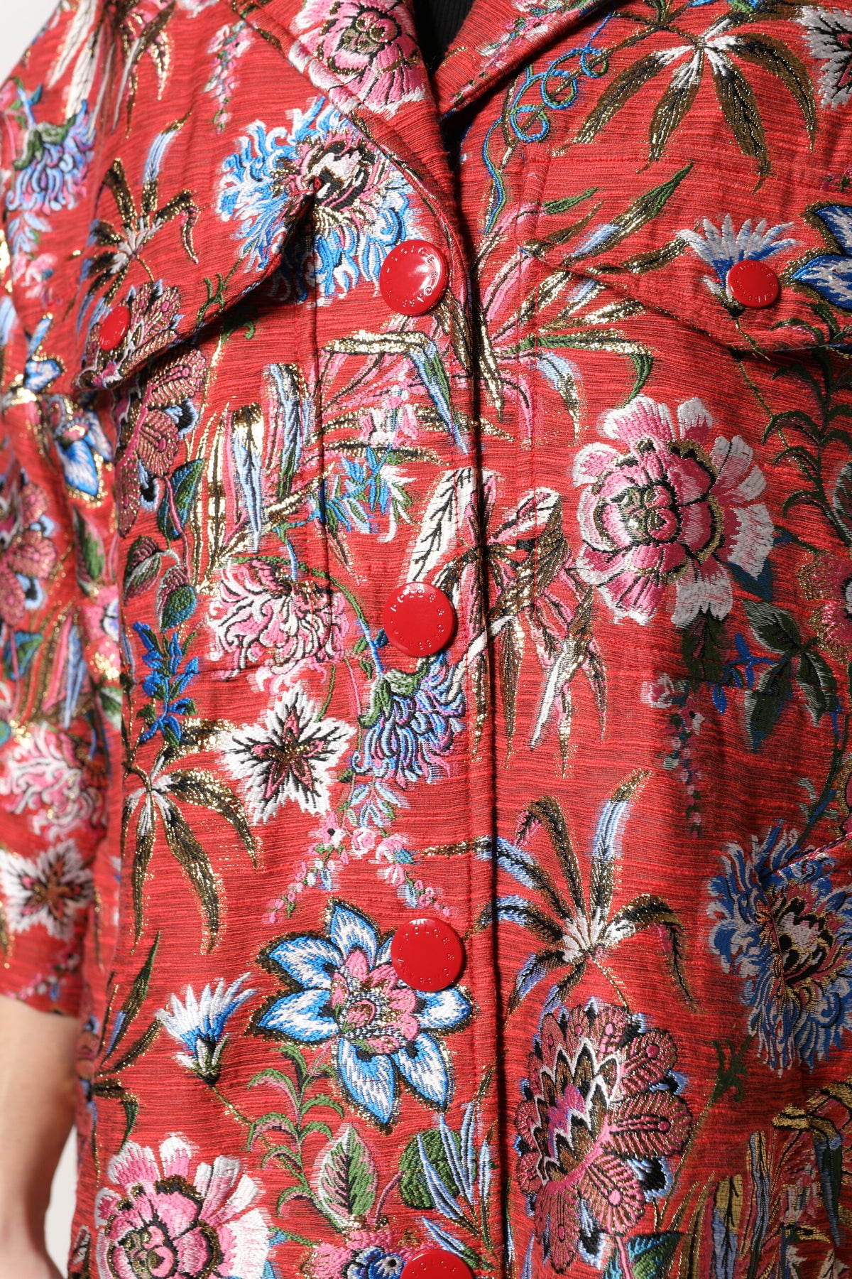 Dolce & Gabbana Red Floral Jacquard Button Down Coat Women's Jacket