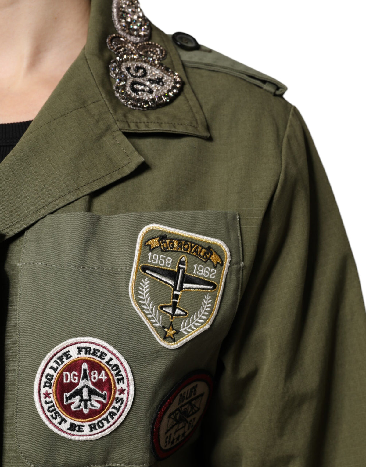 Dolce & Gabbana Military Green Queen Embellished Coat Women's Jacket
