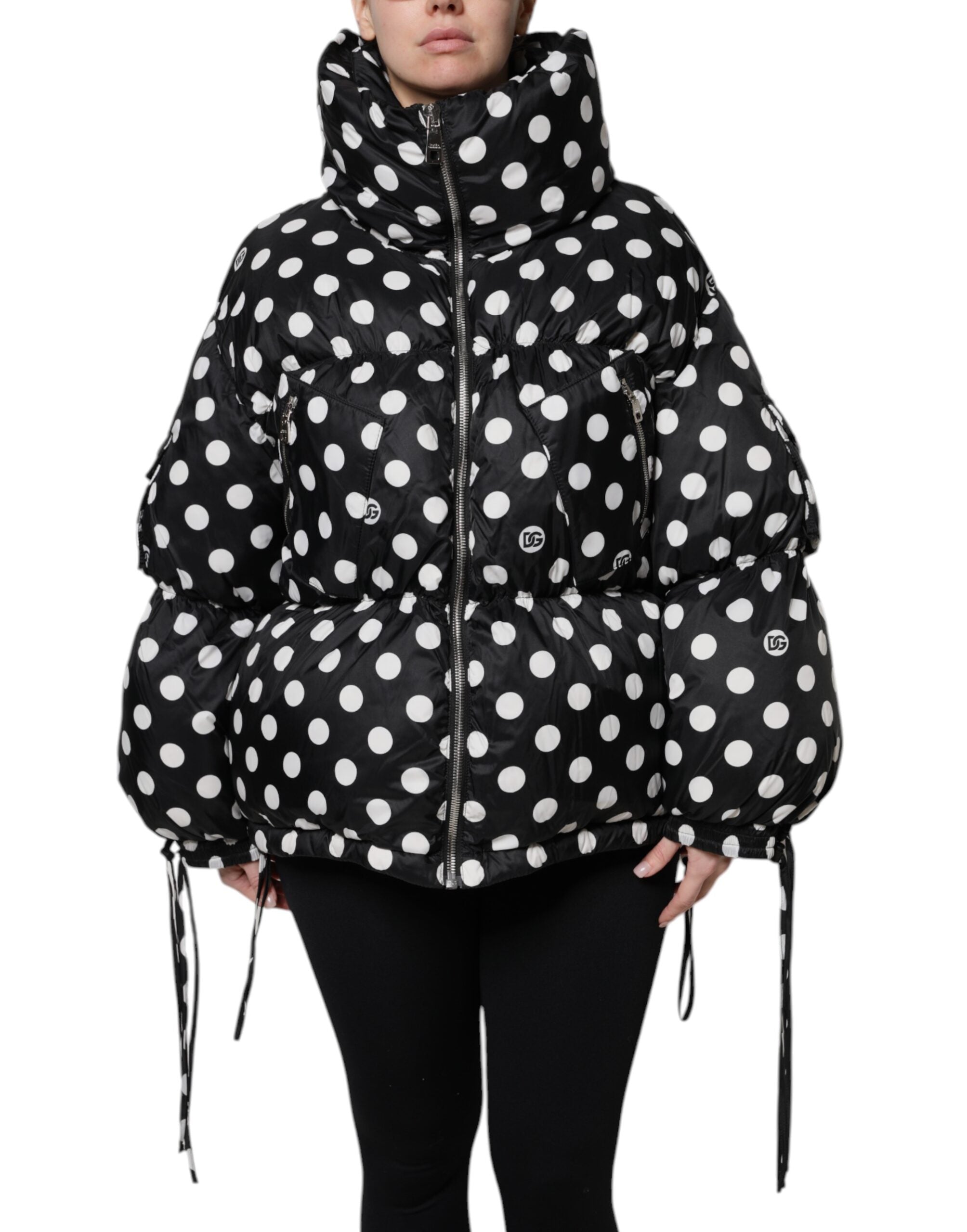 Dolce & Gabbana Black White Polka Dot Full Zip Puffer Women's Jacket