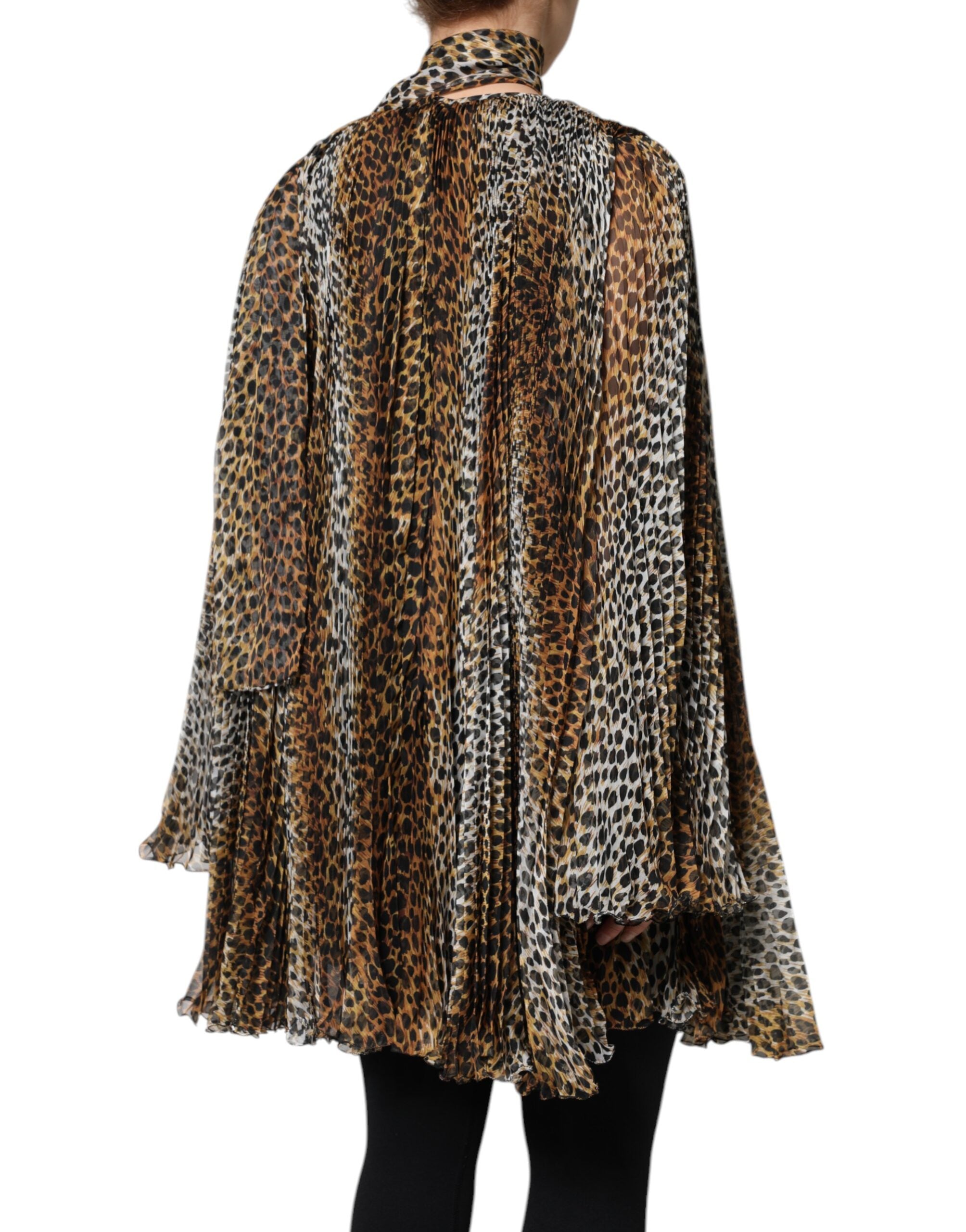 Dolce & Gabbana Brown Leopard Print Scarf Collared Chiffon Women's Dress