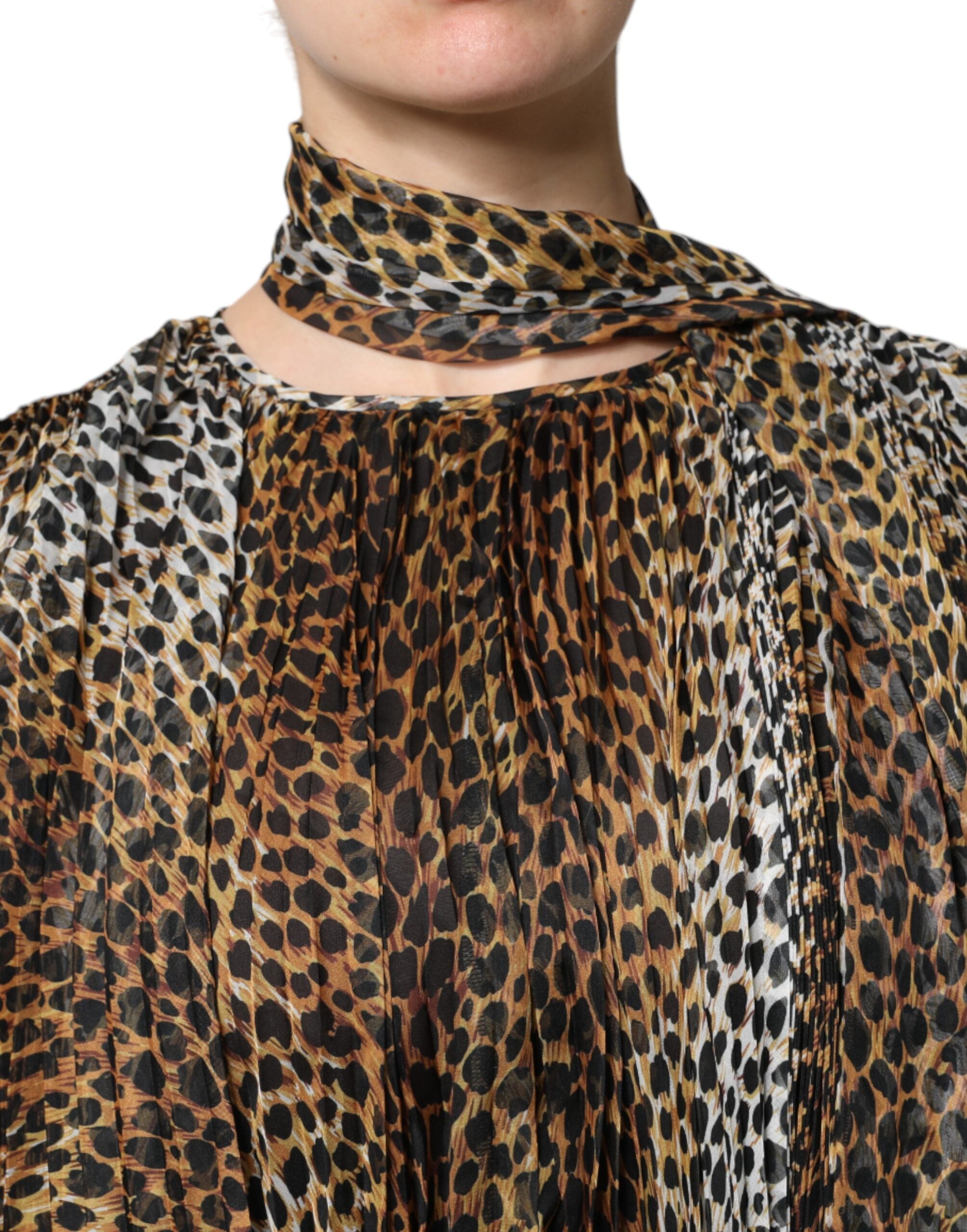 Dolce & Gabbana Brown Leopard Print Scarf Collared Chiffon Women's Dress