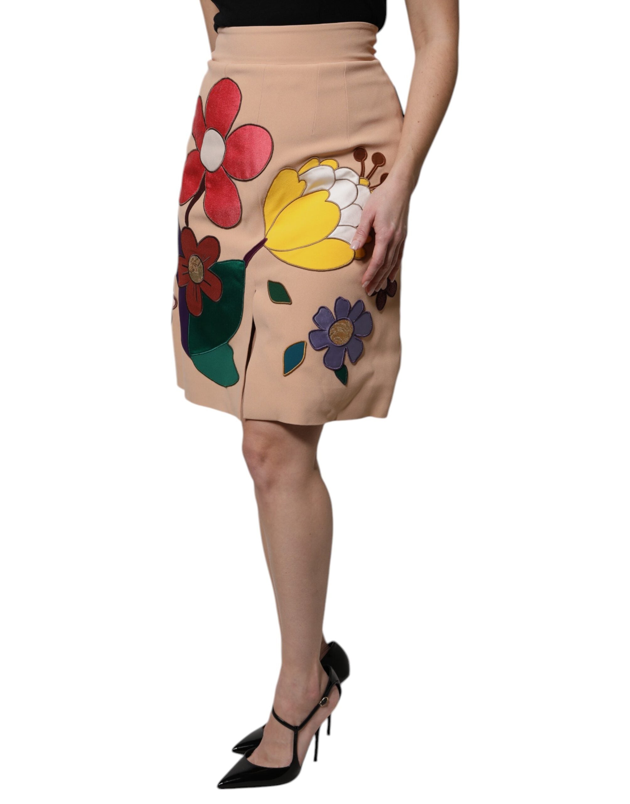 Dolce & Gabbana Beige Floral High Waist Pencil Cut Women's Skirt