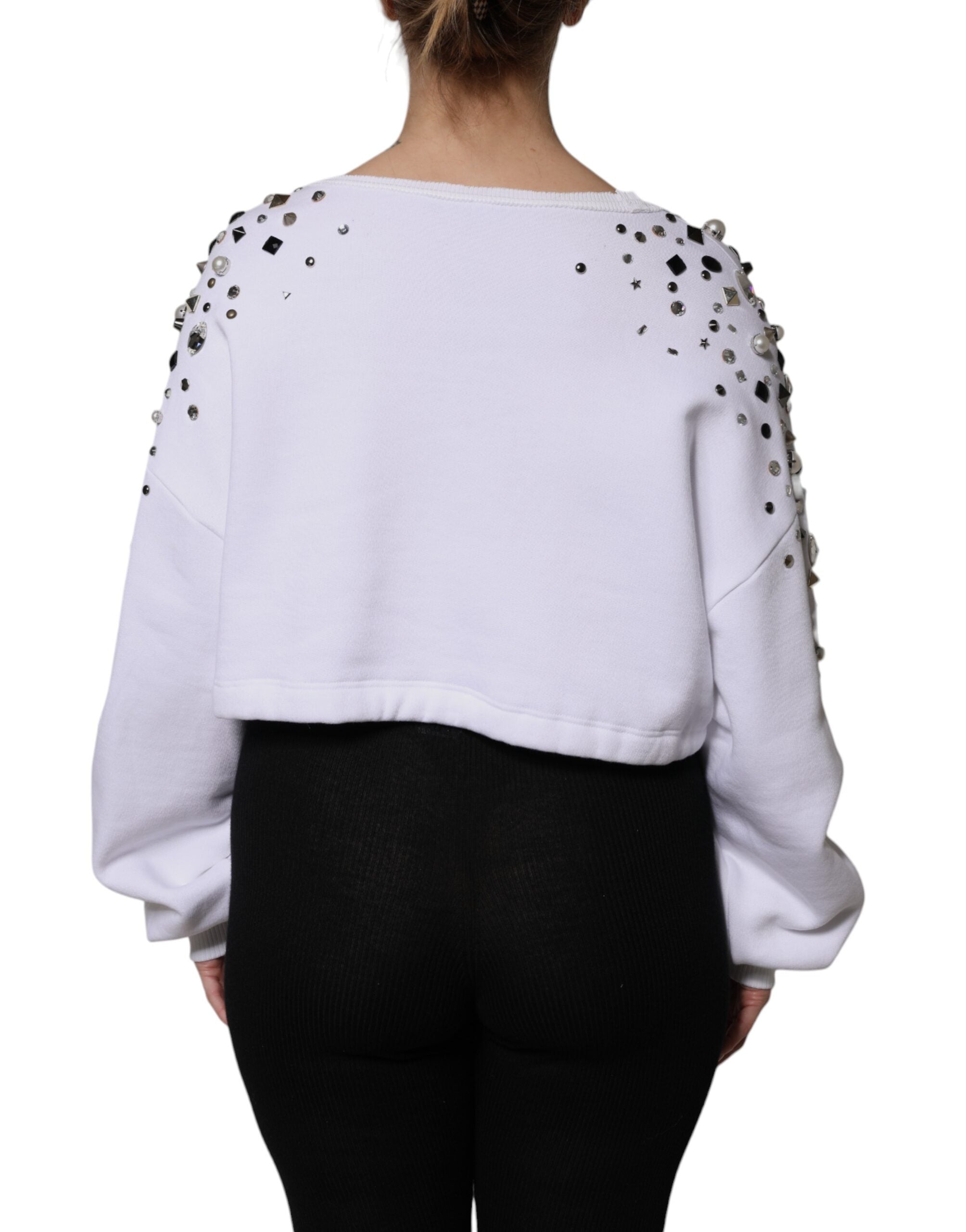 Dolce & Gabbana White Embellished Long Sleeve Cropped Women's Sweater