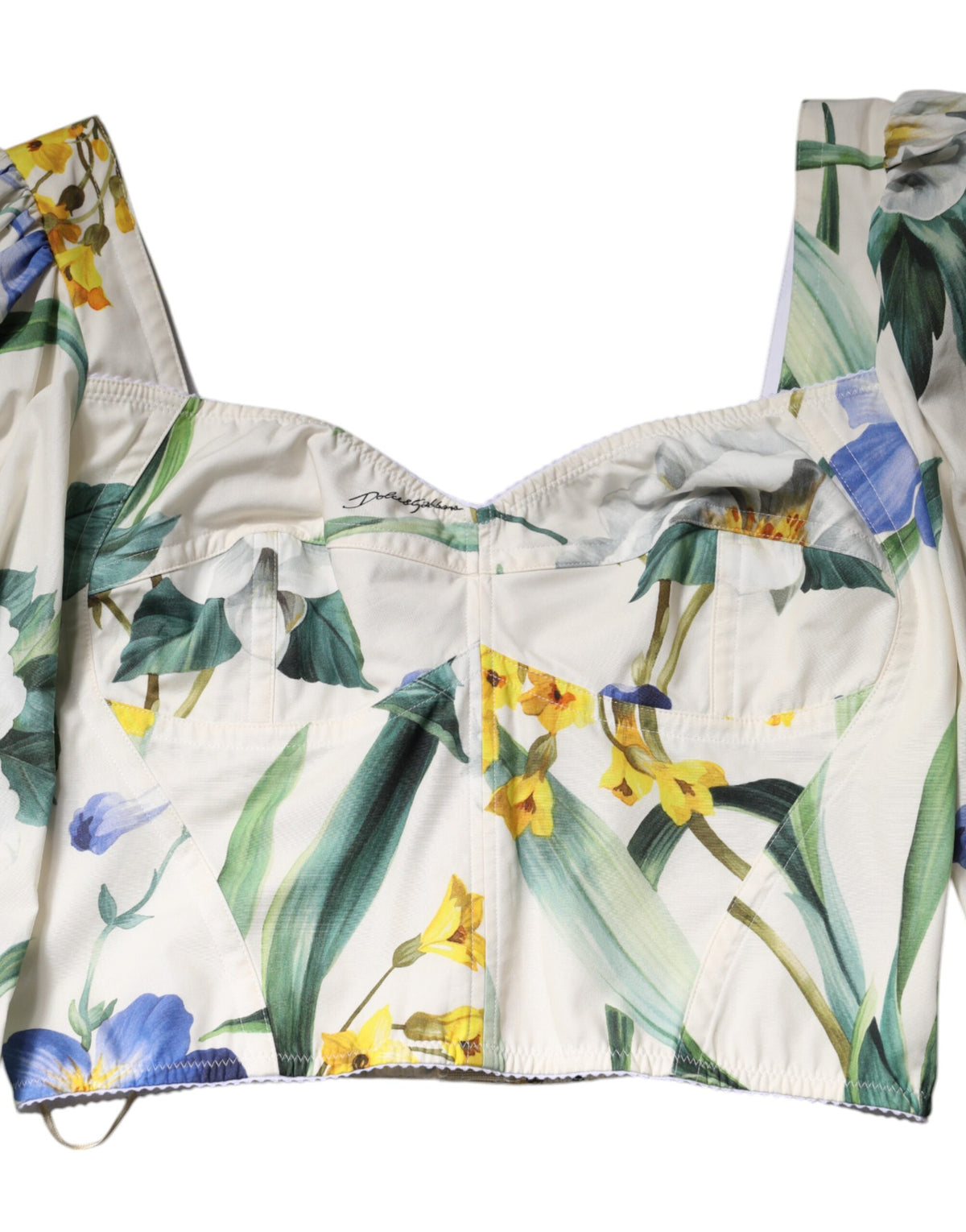 Dolce & Gabbana White Floral Puff Sleeves Crop Blouse Women's Top