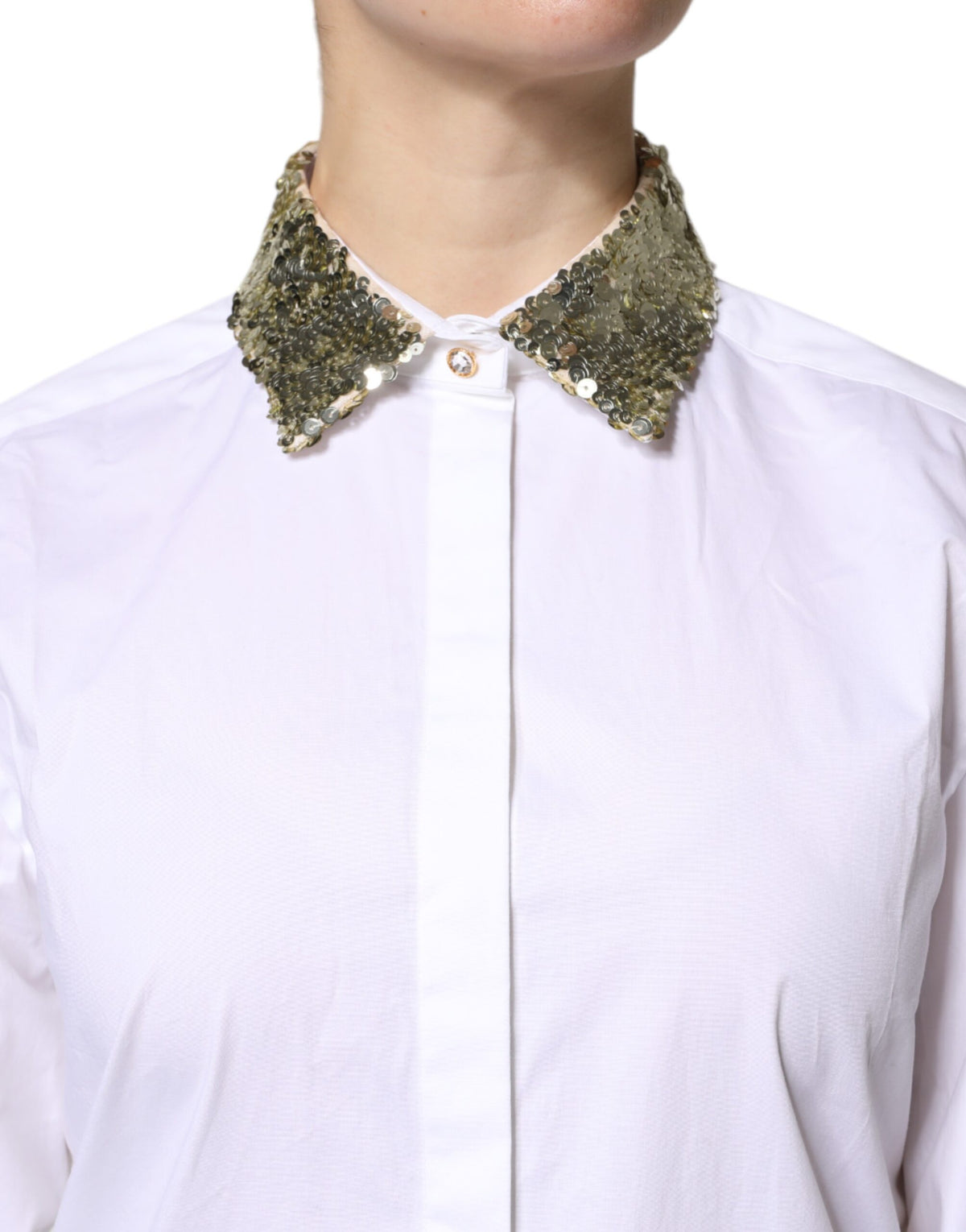 Dolce & Gabbana White Cotton Long Sleeves Sequin Shirt Women's Top (Pre-Owned)