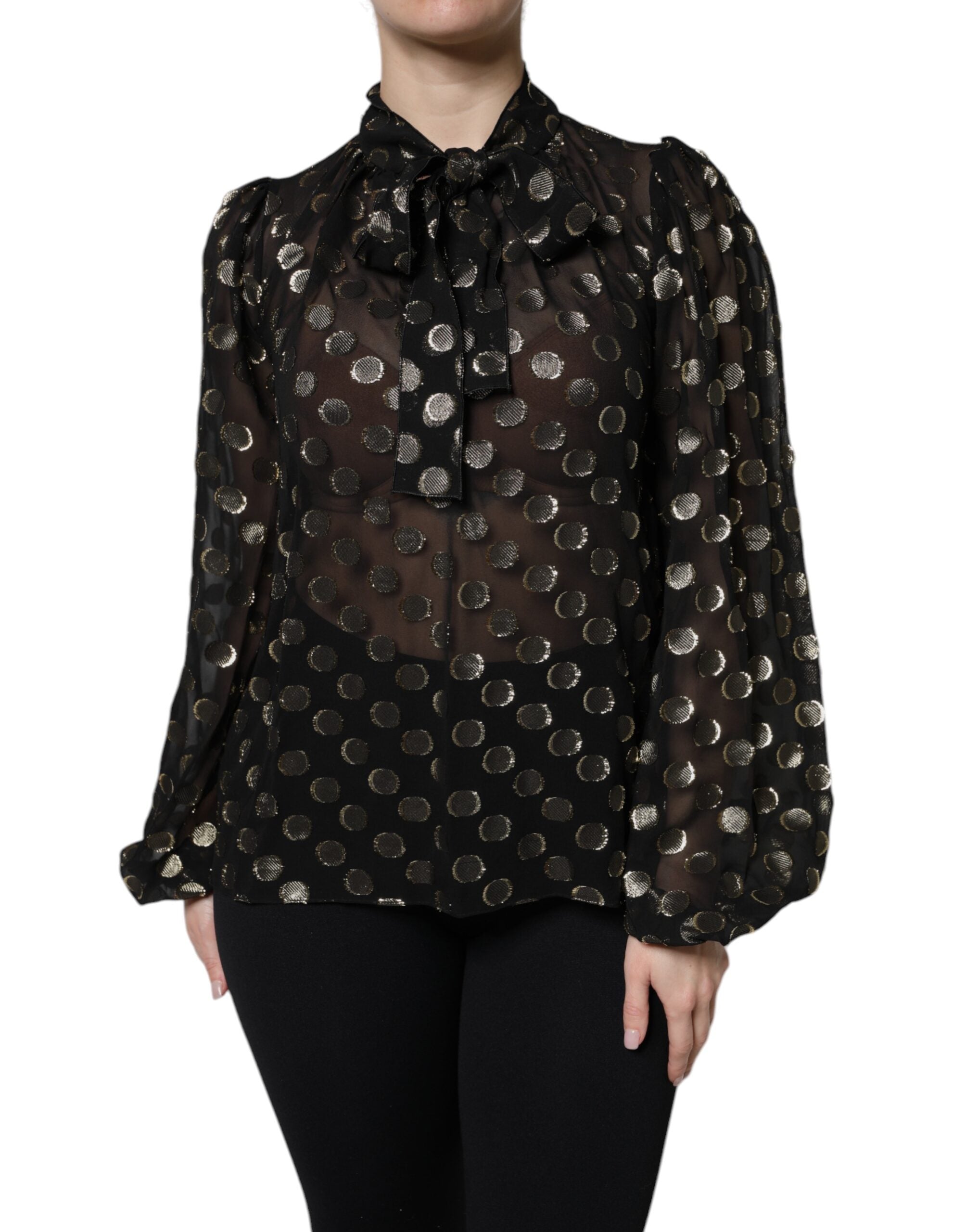 Dolce & Gabbana Black Sheer Tied Neck Polka Dots Blouse Women's Top