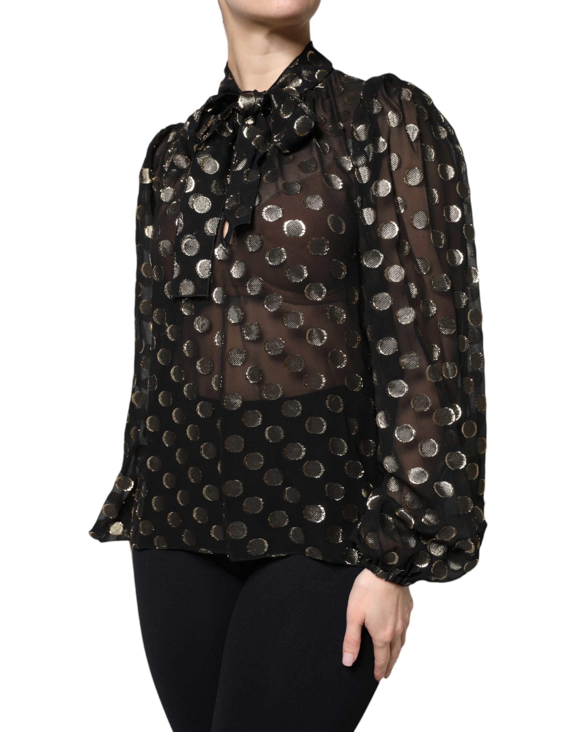 Dolce & Gabbana Black Sheer Tied Neck Polka Dots Blouse Women's Top
