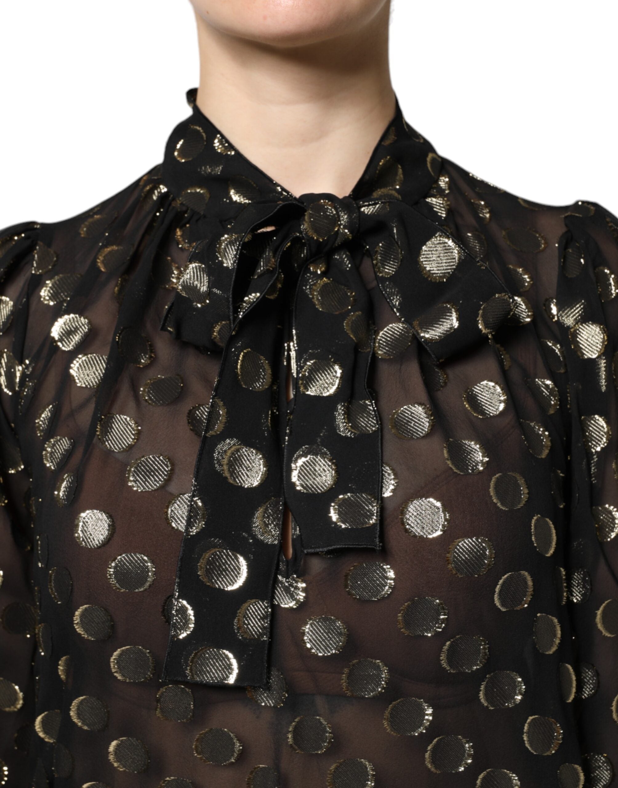 Dolce & Gabbana Black Sheer Tied Neck Polka Dots Blouse Women's Top