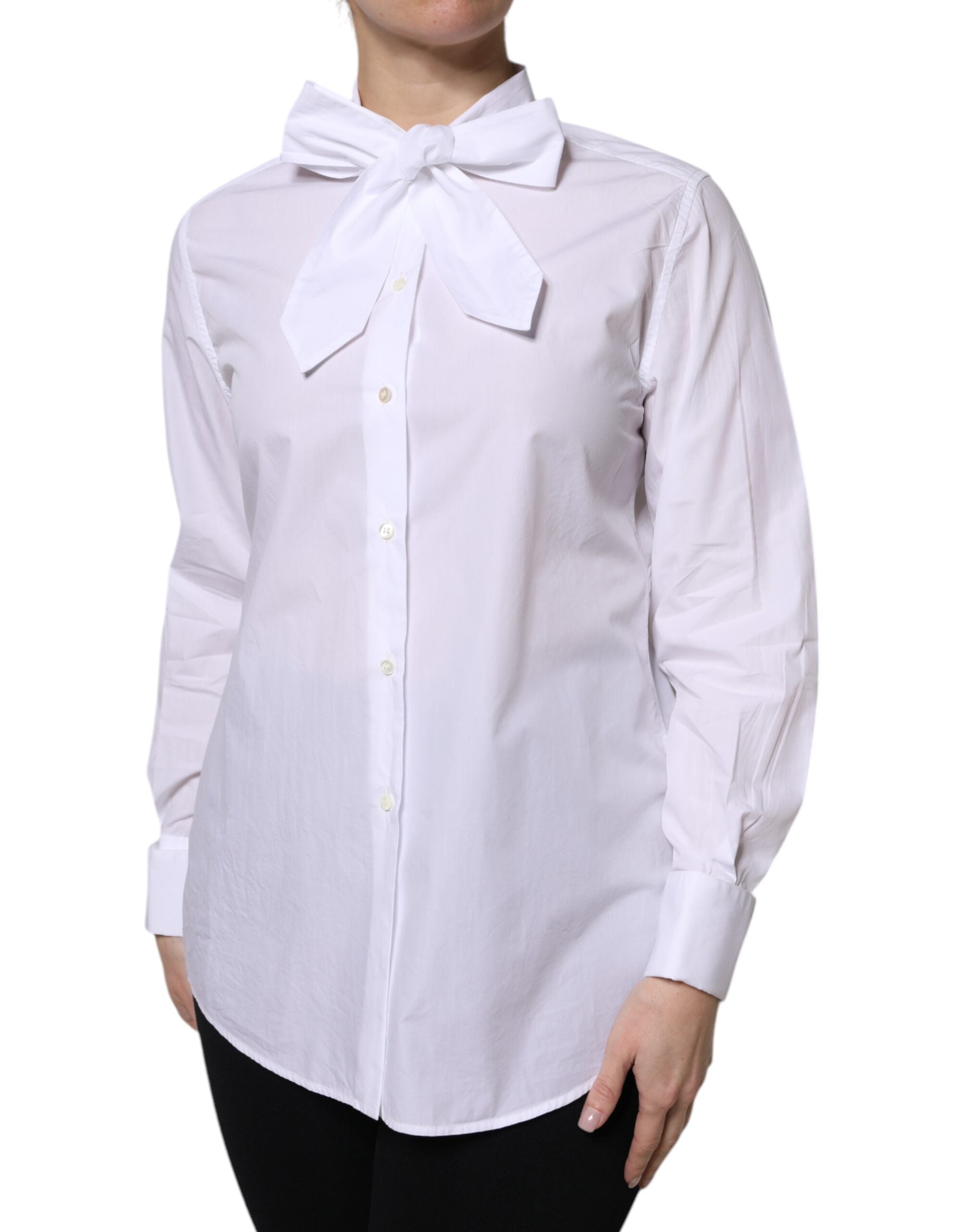 Dolce & Gabbana White Ascot Collar Long Sleeve Blouse Women's Top