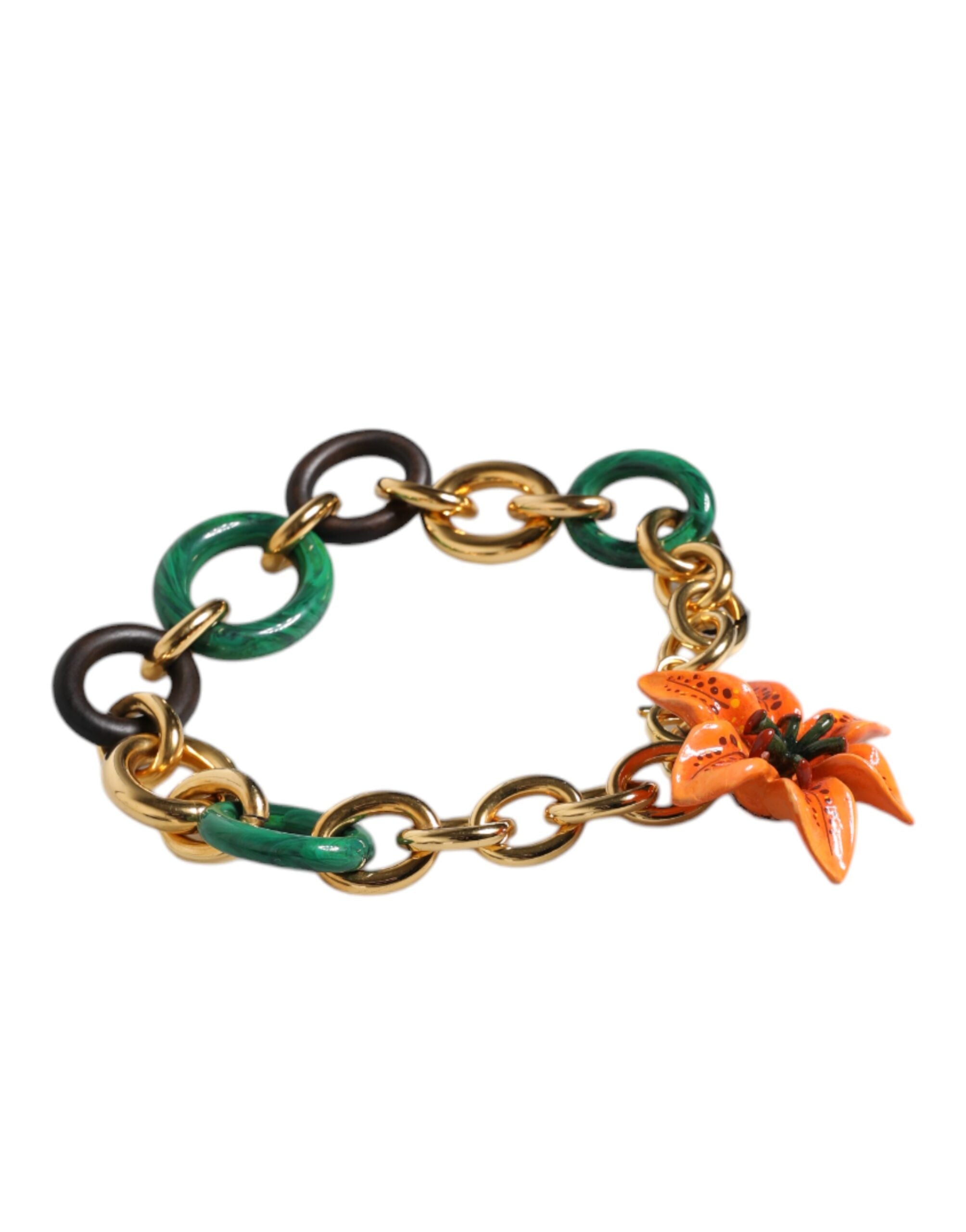 Dolce & Gabbana Multicolor Gold Brass Orange Lily Floral Chain Women's Necklace (Pre-Owned)