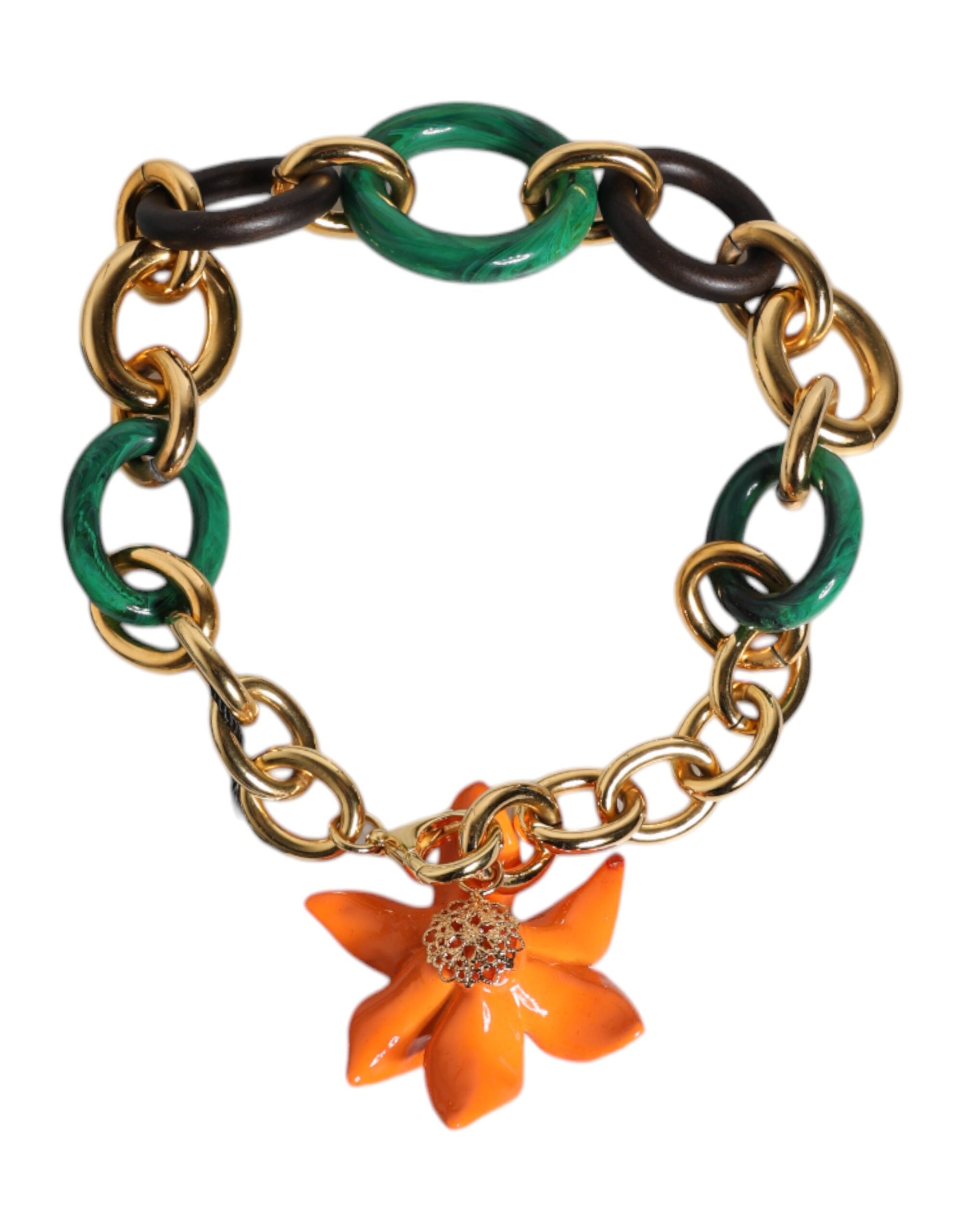 Dolce & Gabbana Multicolor Gold Brass Orange Lily Floral Chain Women's Necklace (Pre-Owned)