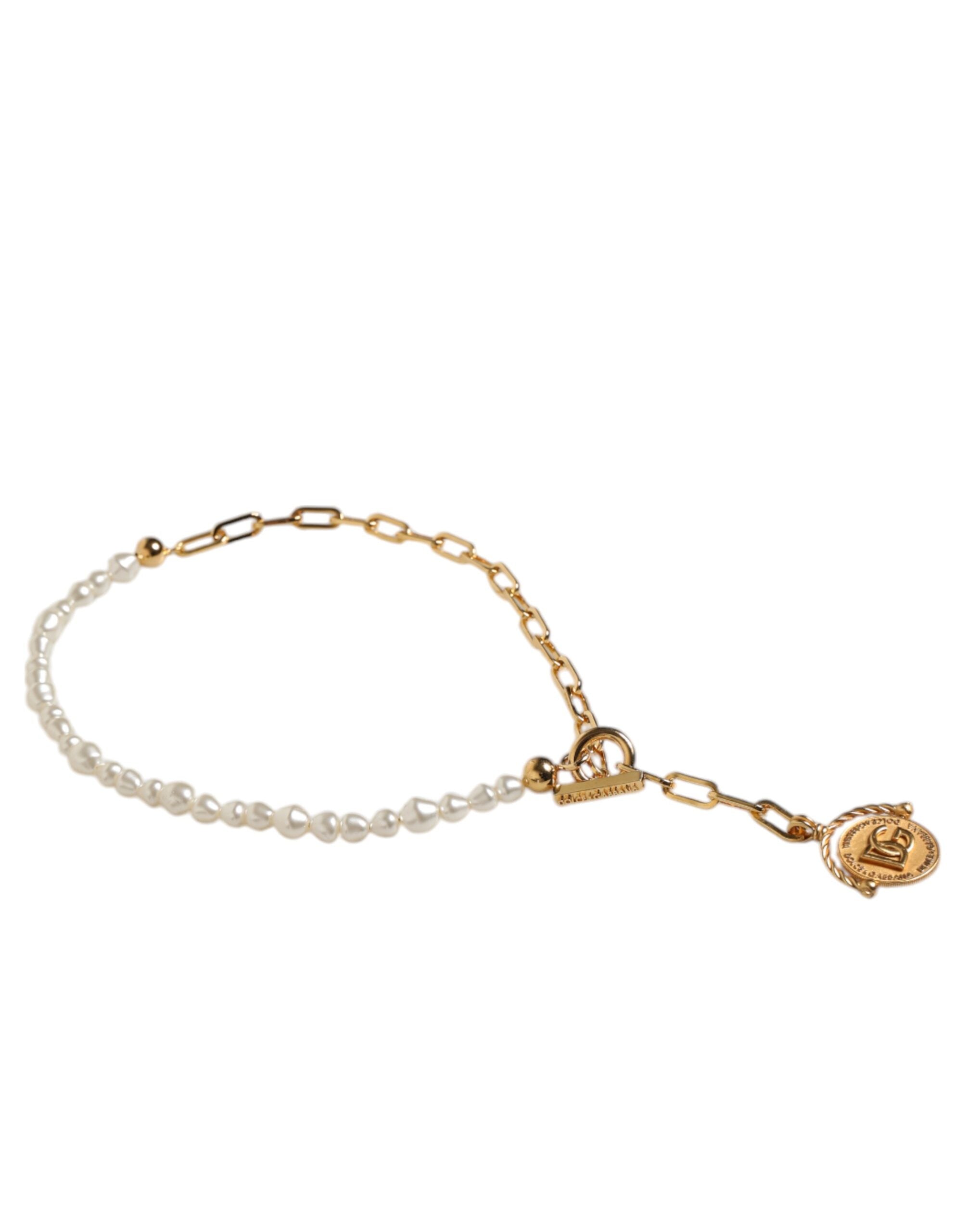 Dolce & Gabbana Gold Chain Brass Faux Pearl Charm Logo Pendant Women's Necklace (Pre-Owned)