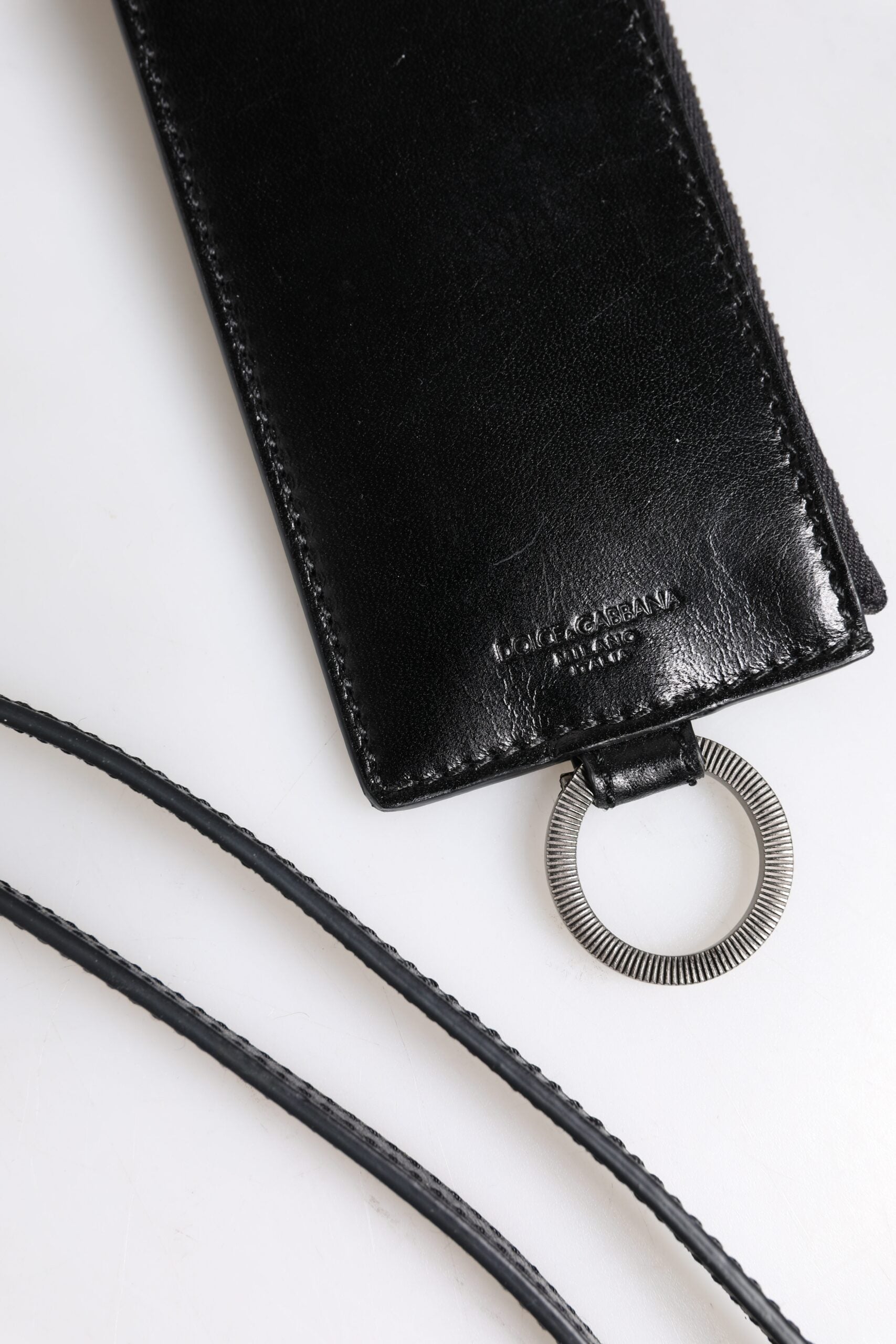 Dolce & Gabbana Black Leather Logo Embossed Lanyard Card Holder Men's Wallet