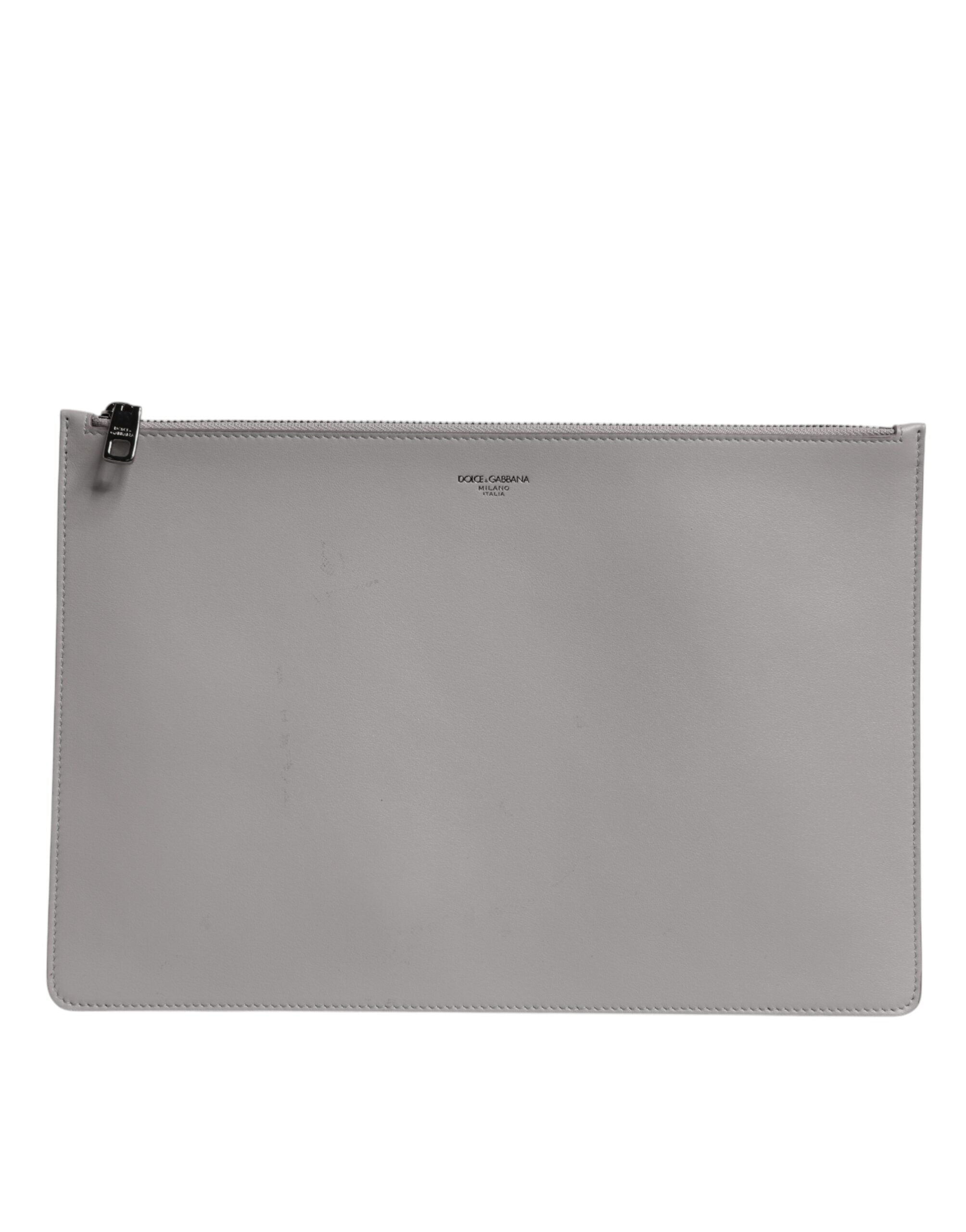 Dolce & Gabbana Gray Solid Leather DG Logo Men Clutch Zip Pouch Men's Bag (Pre-Owned)