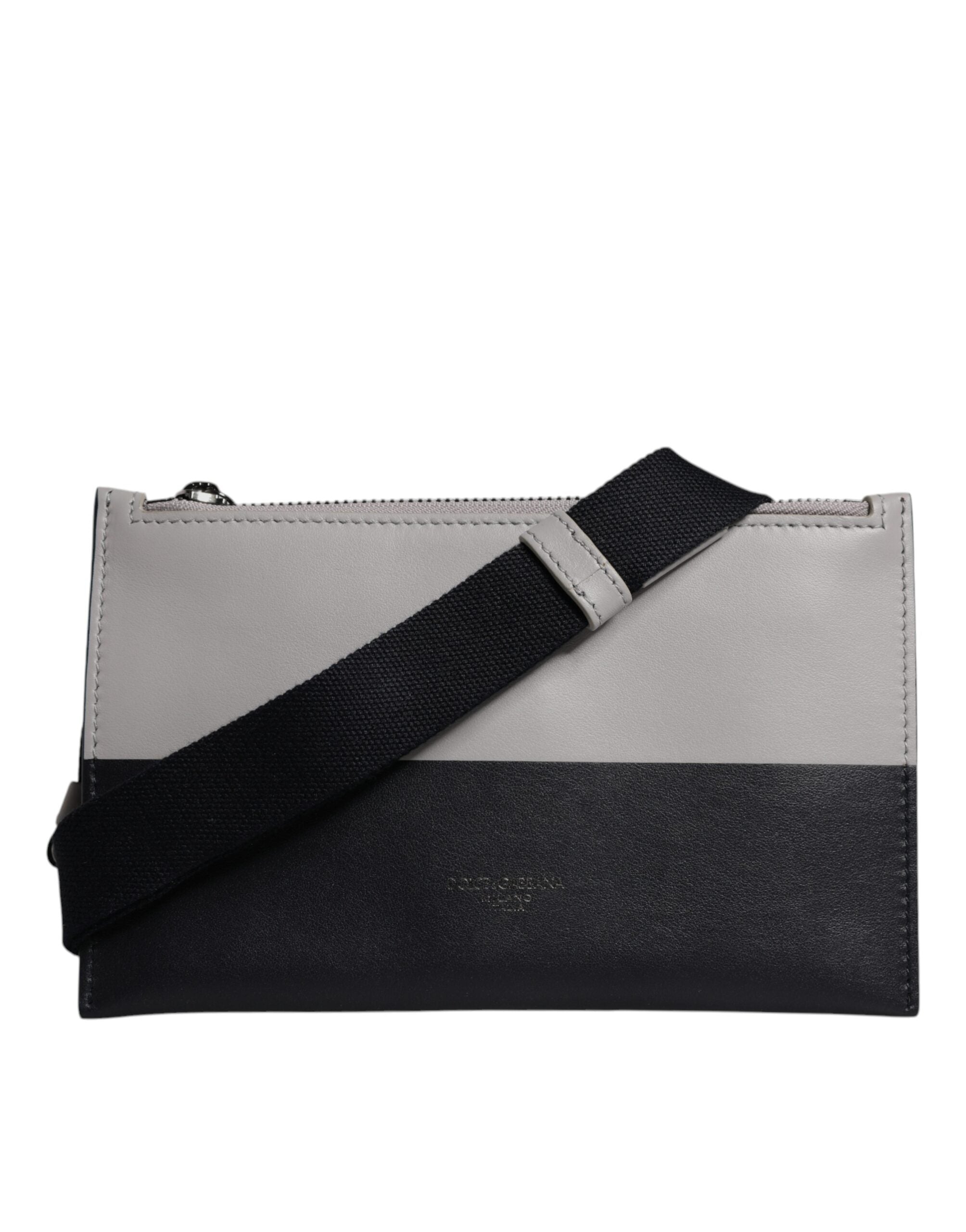 Dolce & Gabbana Black White Leather Logo Embossed Crossbody Men's Bag