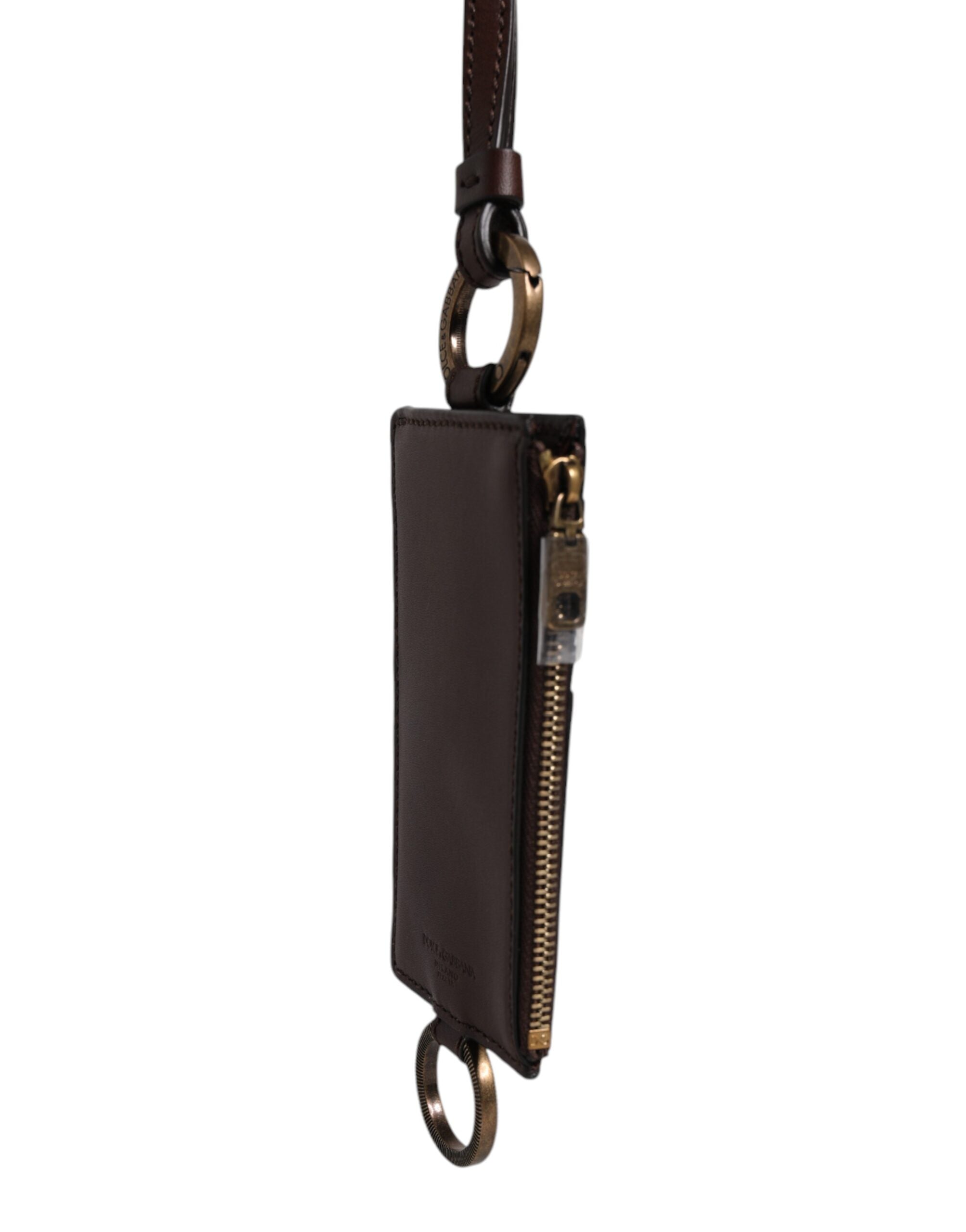 Dolce & Gabbana Brown Calf Leather Lanyard Logo Card Holder Men's Wallet