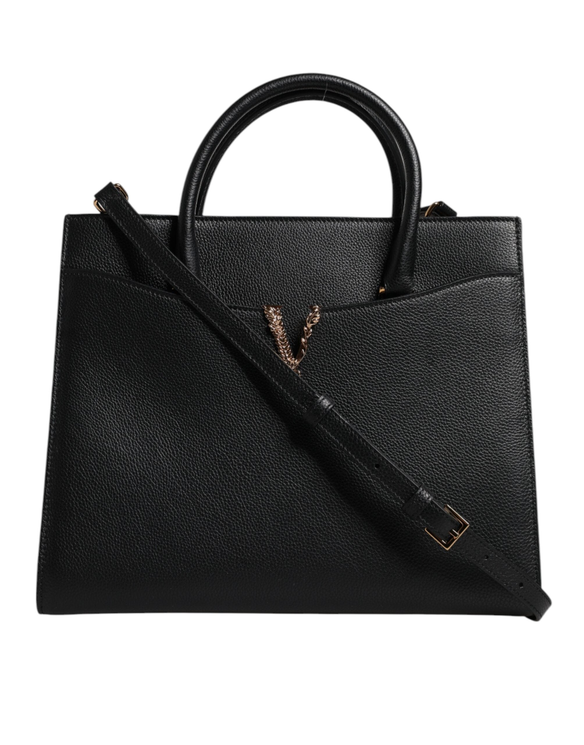 Versace Black Large Leather Top Handle Shoulder Crossbody Women's Bag