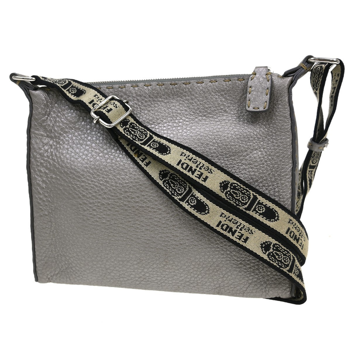 Fendi Vintage Selleria Zip Messenger Leather Silver Leather Shoulder Bag Bag (Pre-Owned)