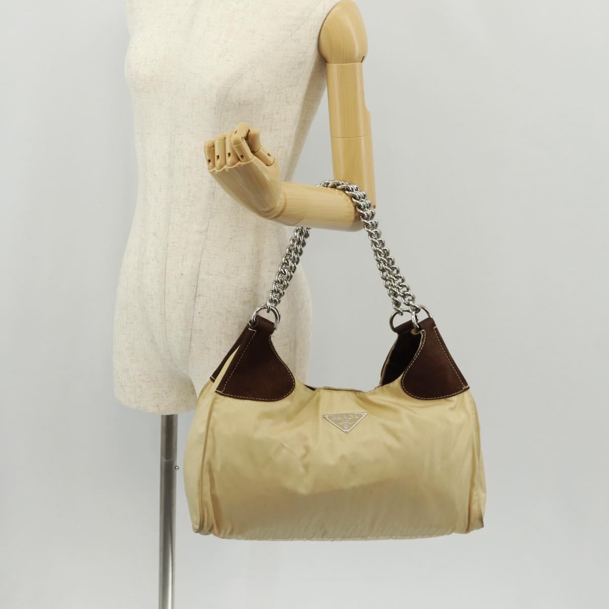 Prada Chain Tote Soft Calf Beige Nylon Shoulder Bag Bag (Pre-Owned)