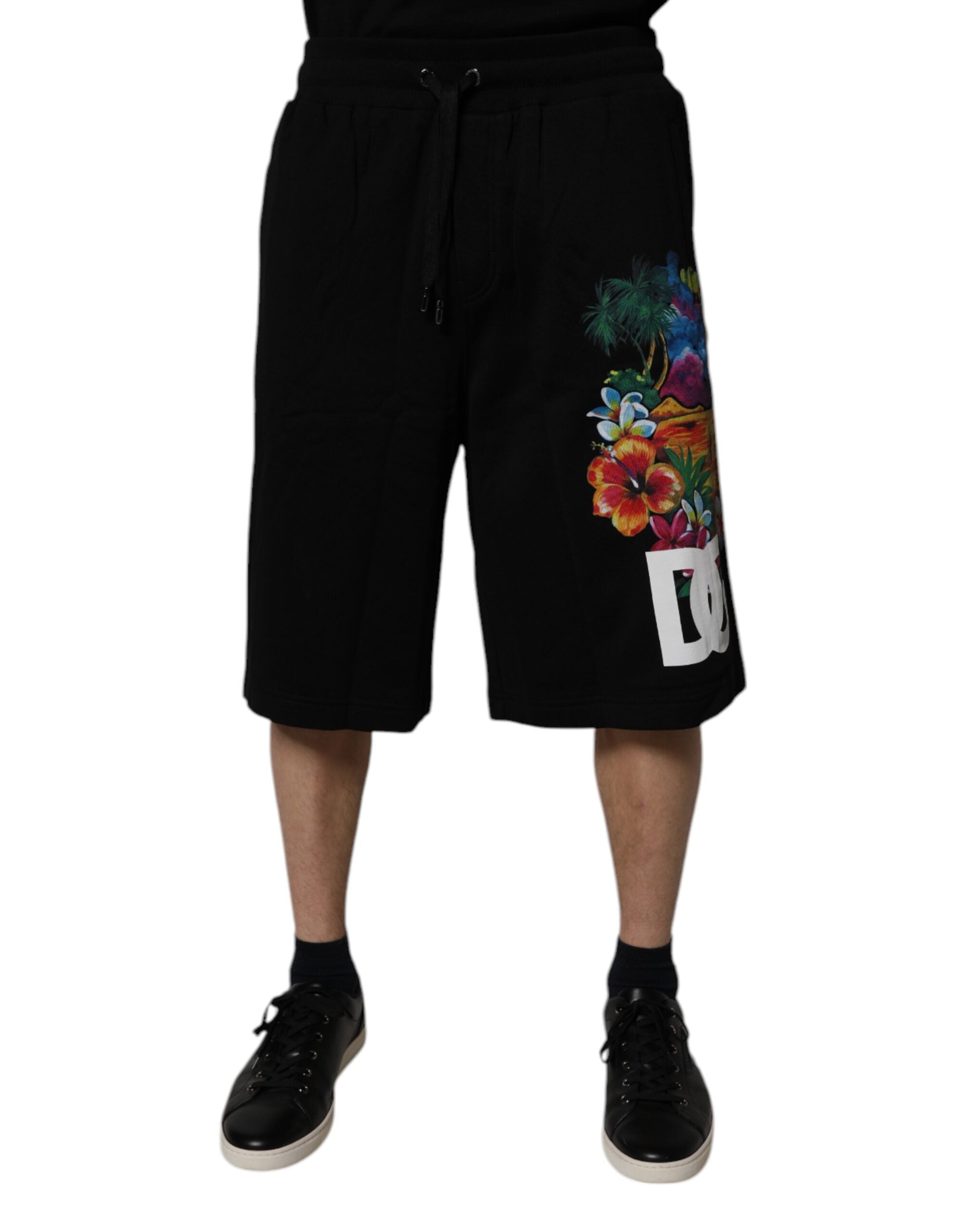 Dolce & Gabbana Black Cotton Logo Floral Print Bermuda Men's Shorts