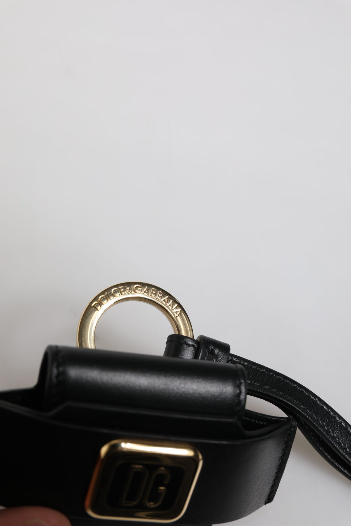 Dolce & Gabbana Black Leather Strap Gold Metal Logo Plaque Airpods Men's Case