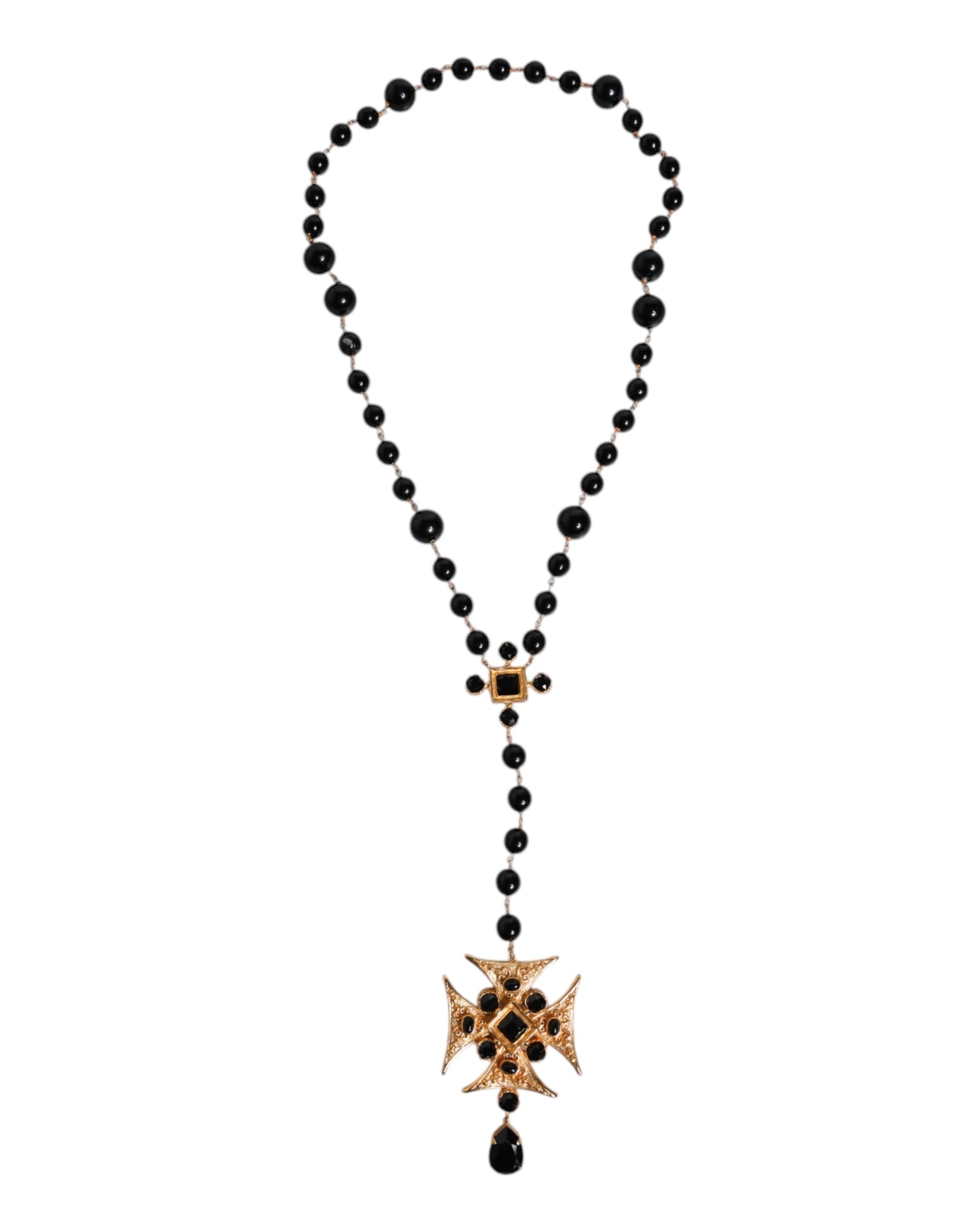 Dolce & Gabbana Gold Brass Black Beaded Chain Rosary Pendant Men's Necklace