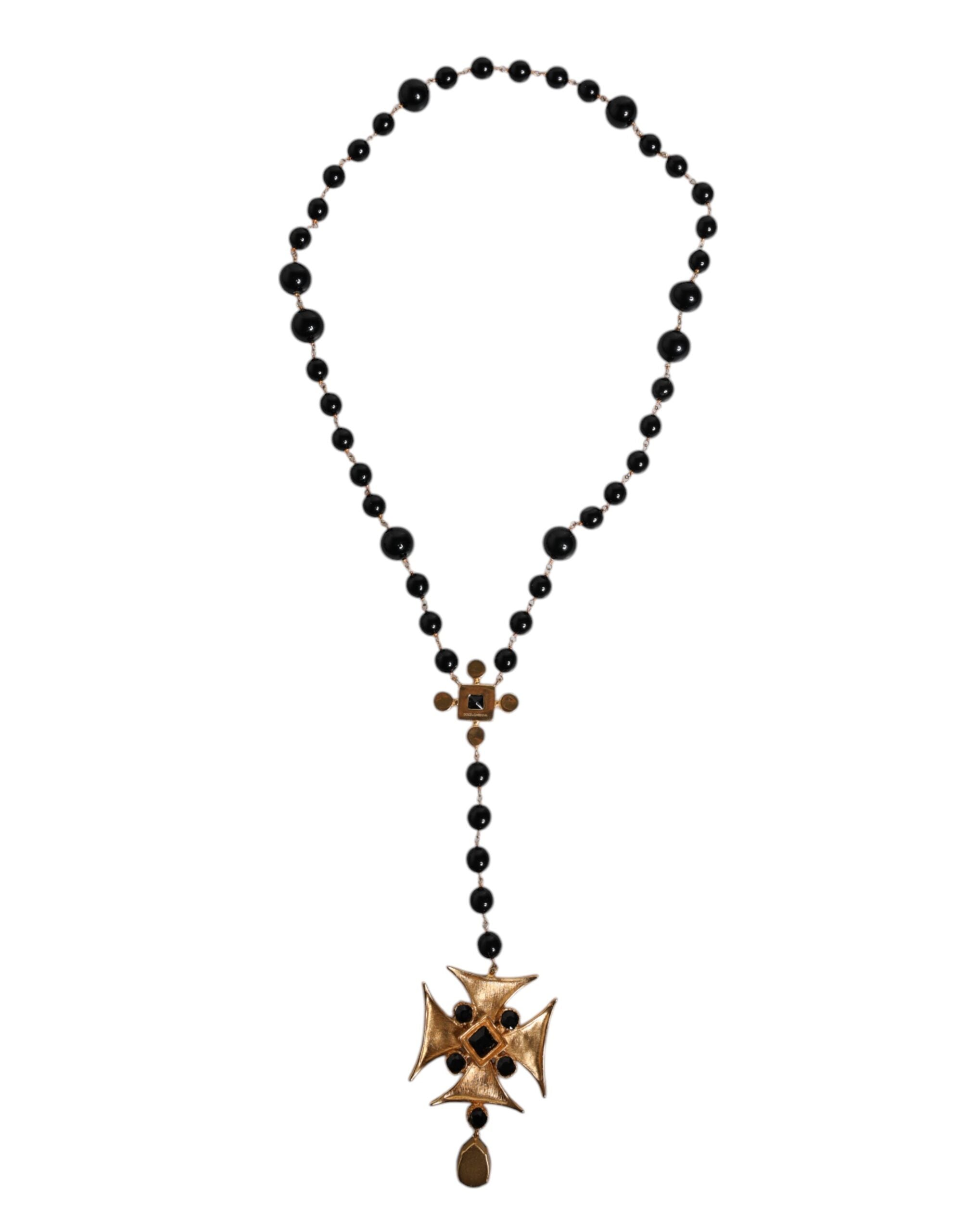 Dolce & Gabbana Gold Brass Black Beaded Chain Rosary Pendant Men's Necklace