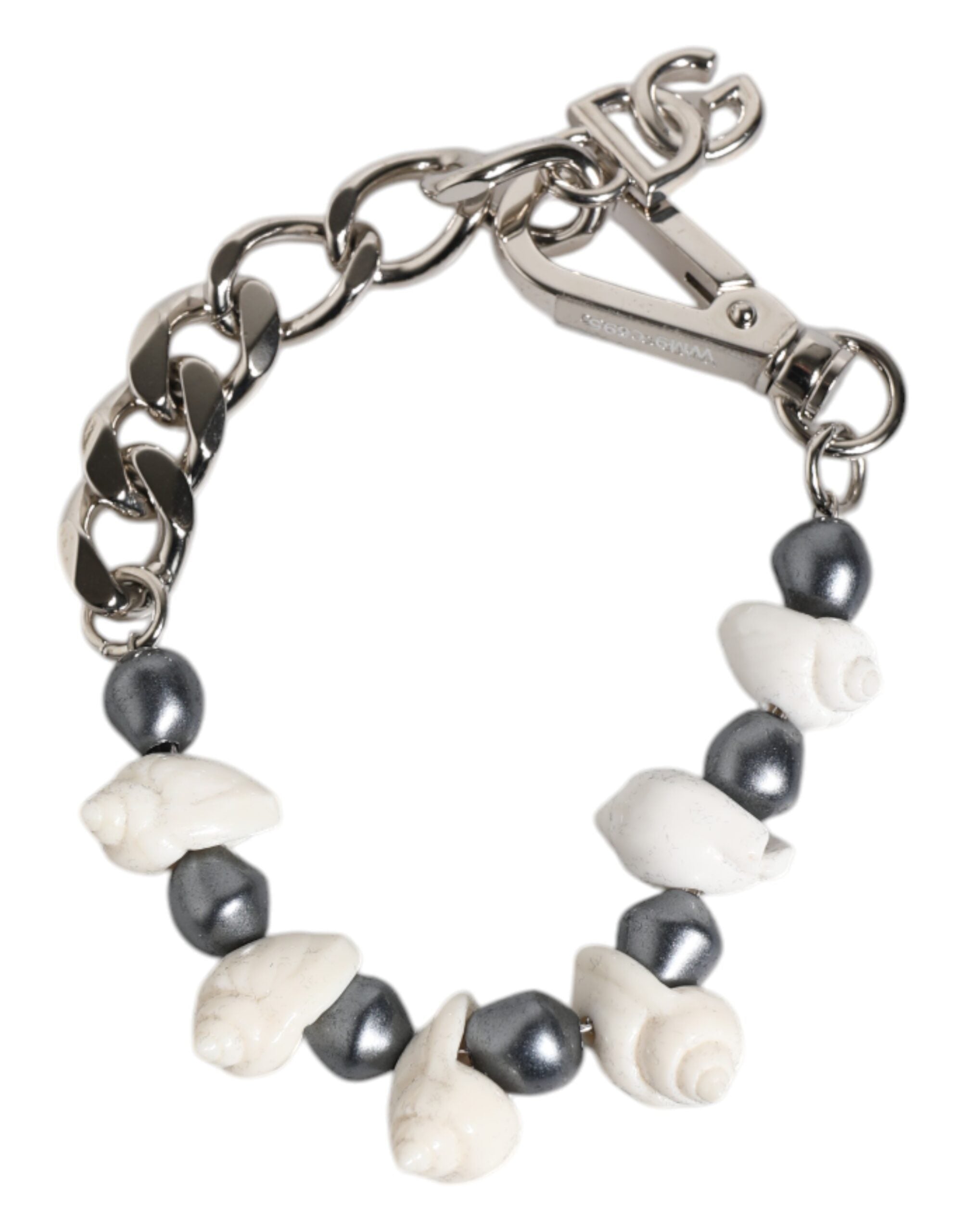 Dolce & Gabbana Silver Tone Brass Beaded Shell DG Logo Pendant Men's Bracelet