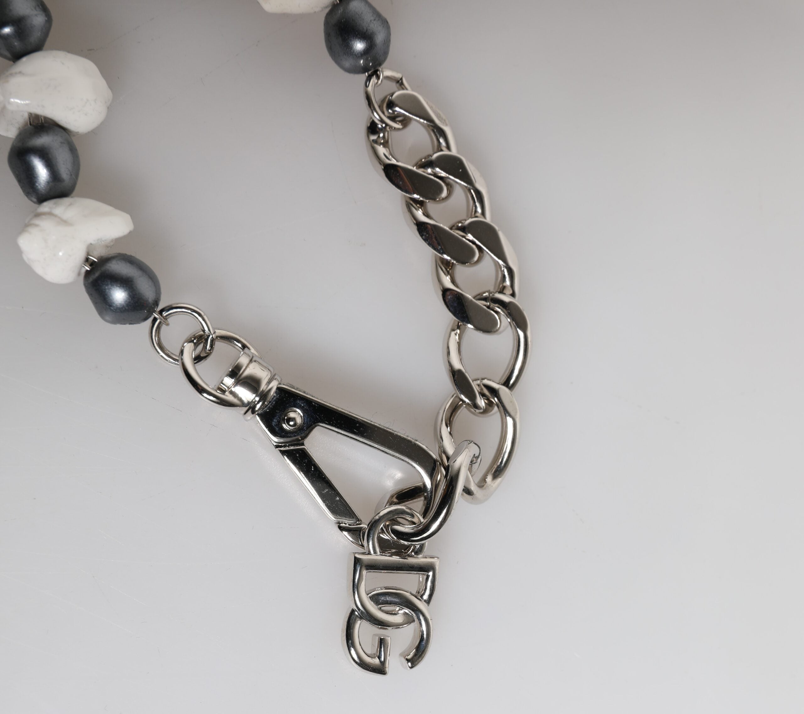 Dolce & Gabbana Silver Tone Brass Beaded Shell DG Logo Pendant Men's Bracelet