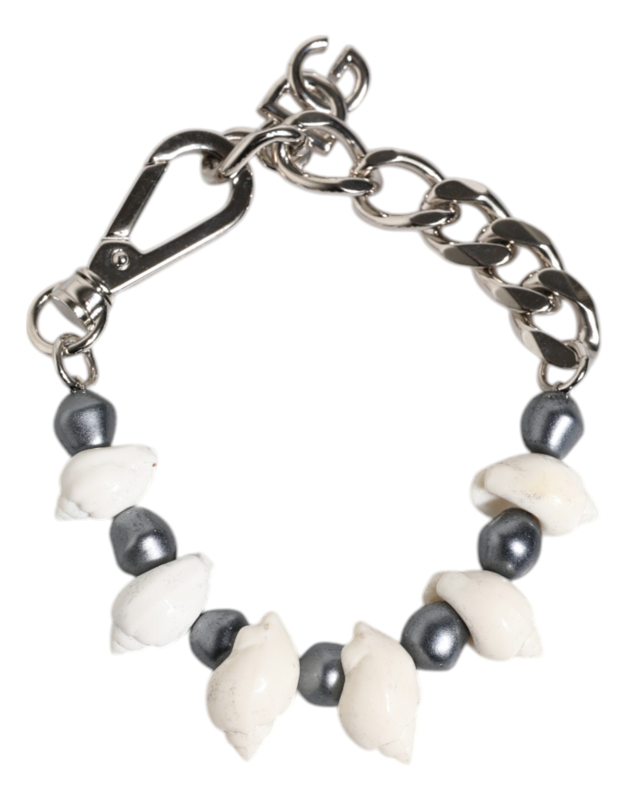 Dolce & Gabbana Silver Tone Brass Beaded Shell DG Logo Pendant Men's Bracelet