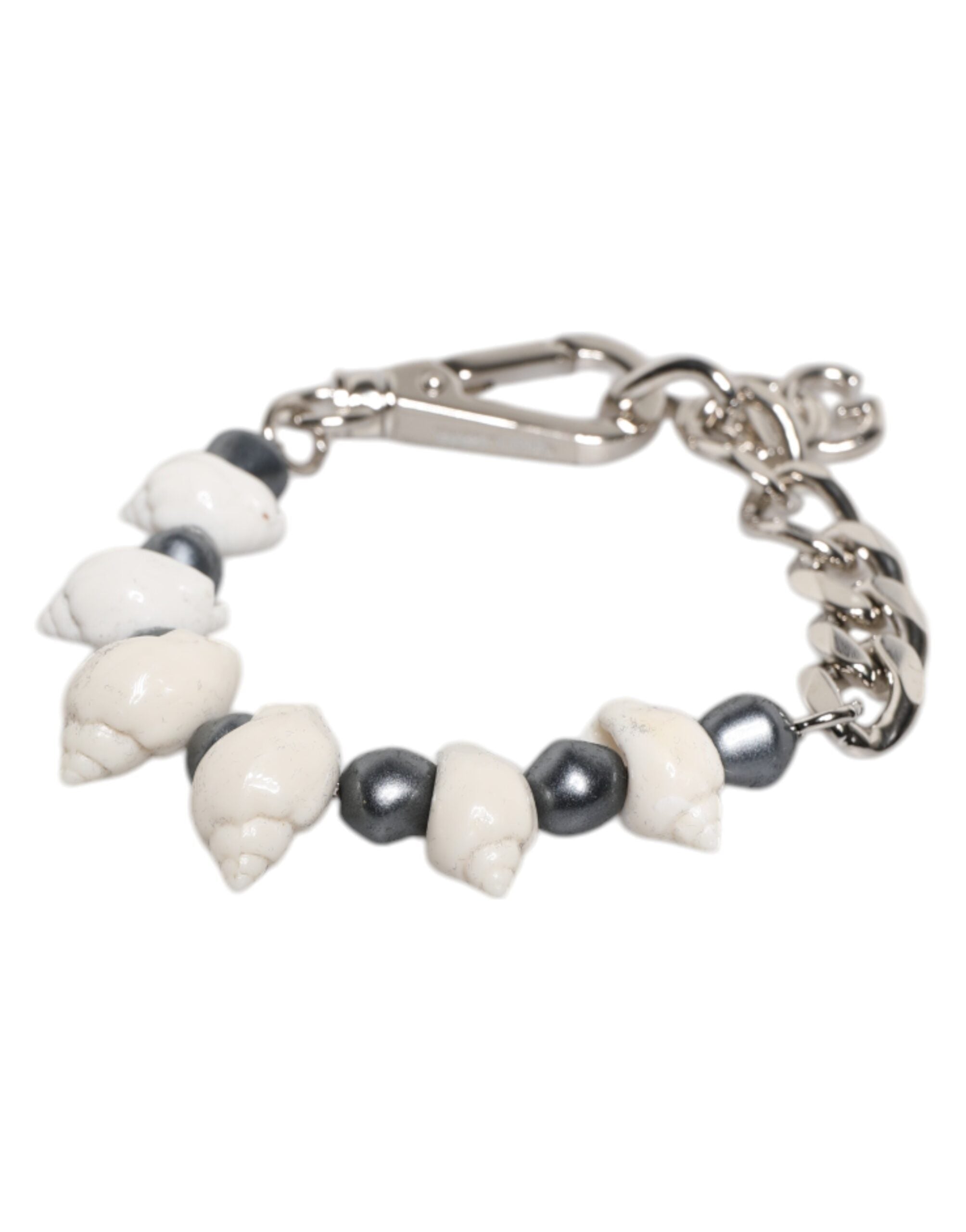 Dolce & Gabbana Silver Tone Brass Beaded Shell DG Logo Pendant Men's Bracelet