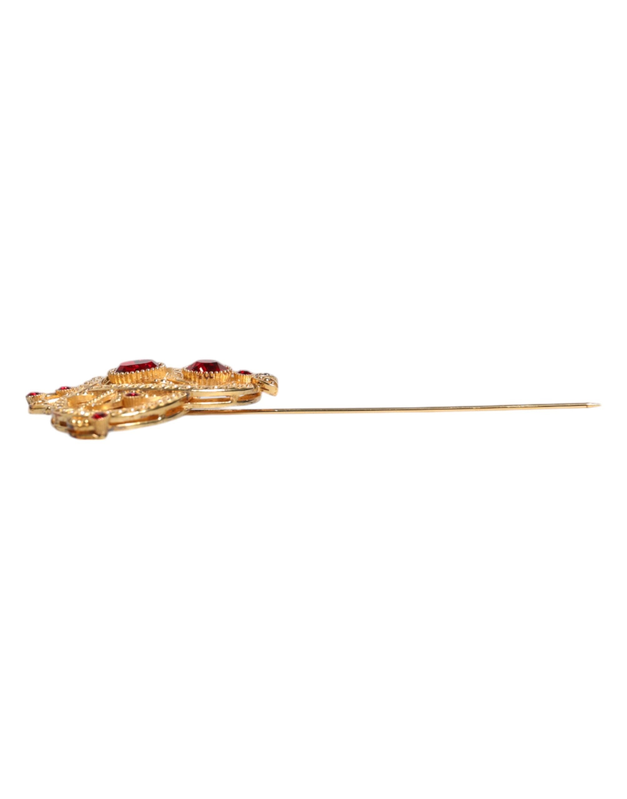 Dolce & Gabbana Gold Tone Red Crystal Embellish 925 Sterling Silver Men's Pin