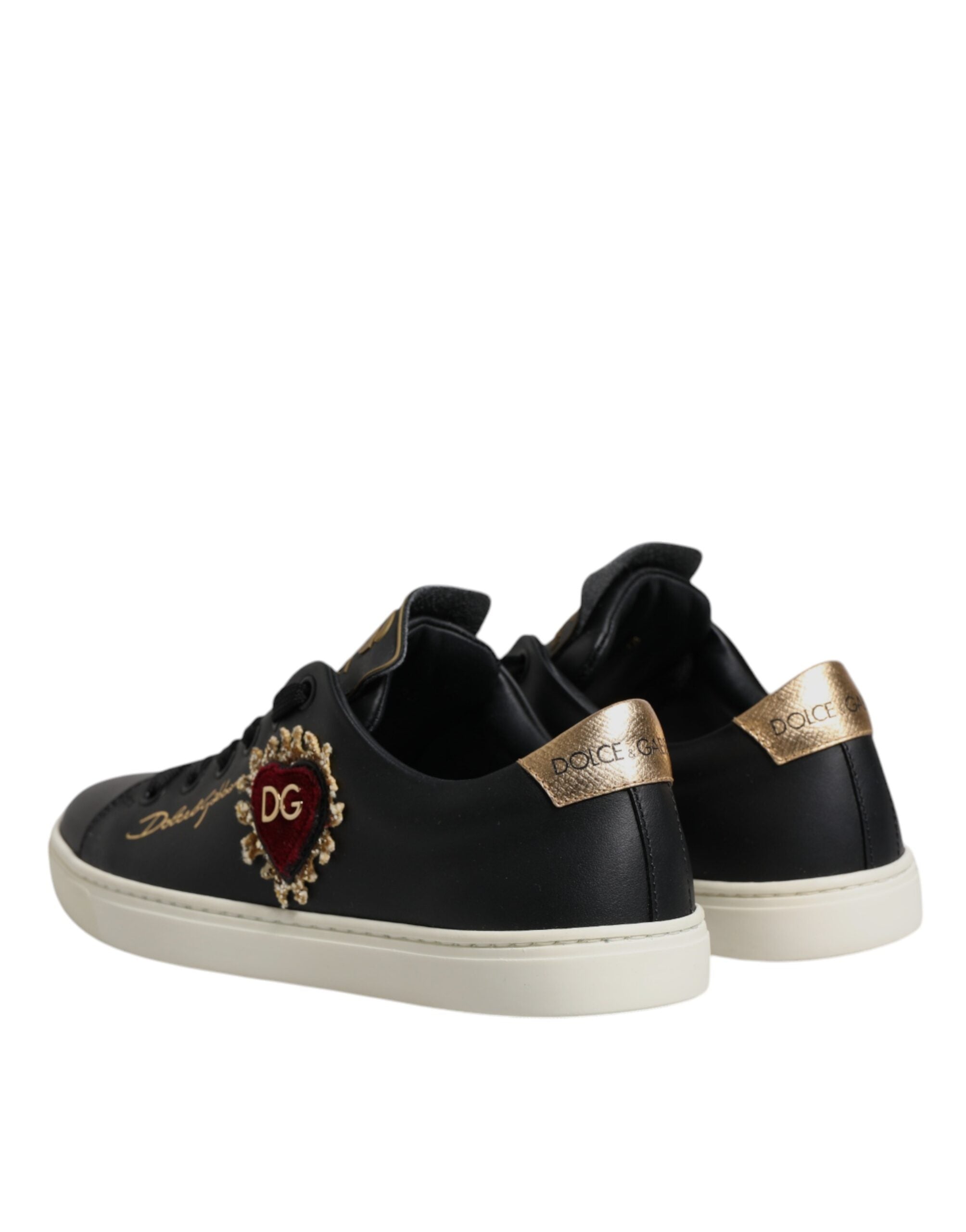 Dolce & Gabbana Black Leather Gold Red Heart Sneakers Women's Shoes