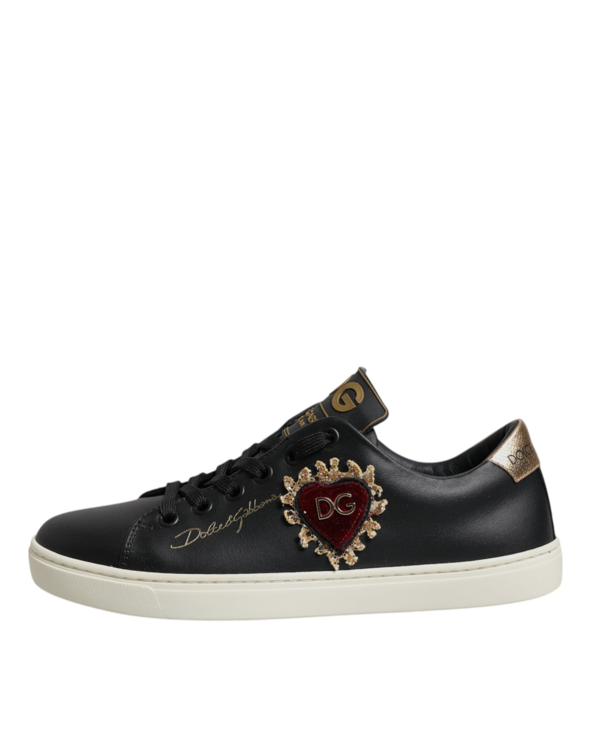 Dolce & Gabbana Black Leather Gold Red Heart Sneakers Women's Shoes