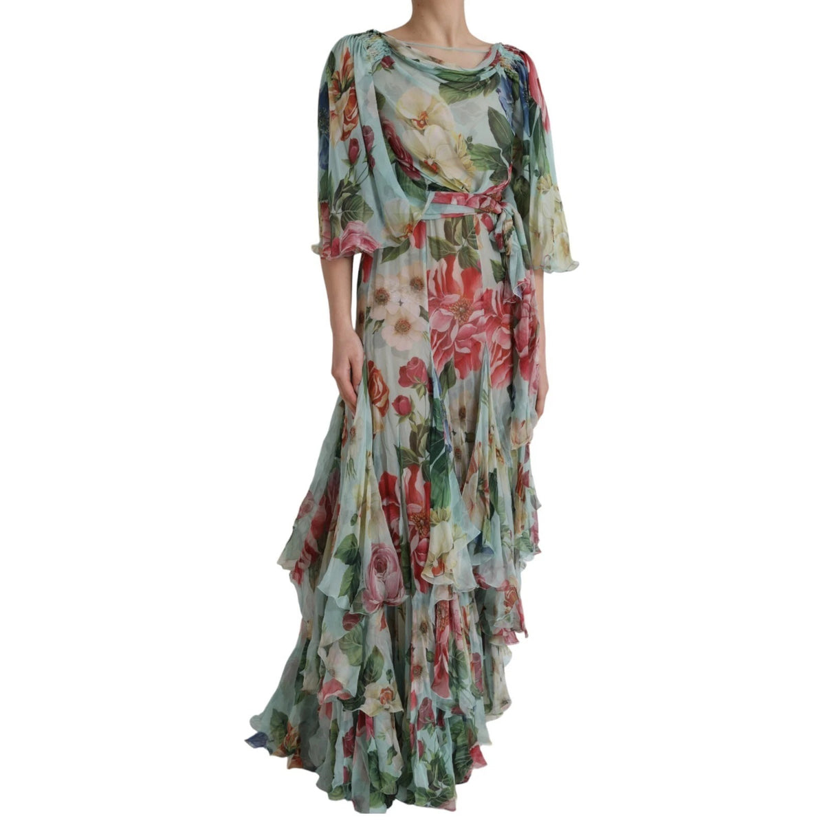 Dolce & Gabbana Blue Floral Print Tiered Long Maxi Women's Dress (Pre-Owned)