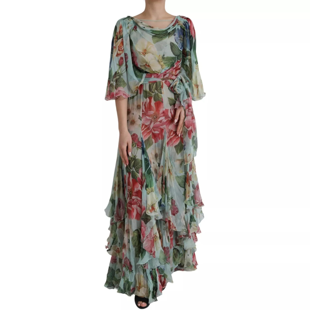 Dolce & Gabbana Blue Floral Print Tiered Long Maxi Women's Dress (Pre-Owned)