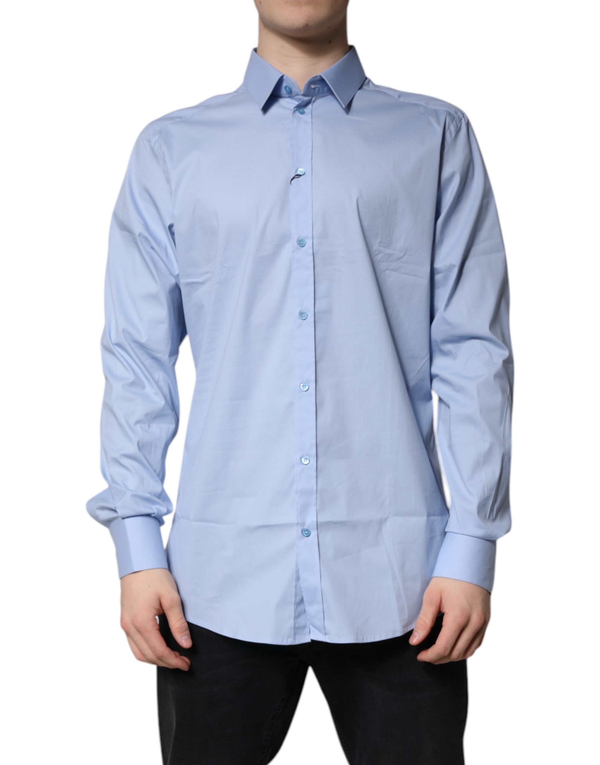 Dolce & Gabbana Light Blue Cotton GOLD Dress Formal Men's Shirt (Pre-Owned)