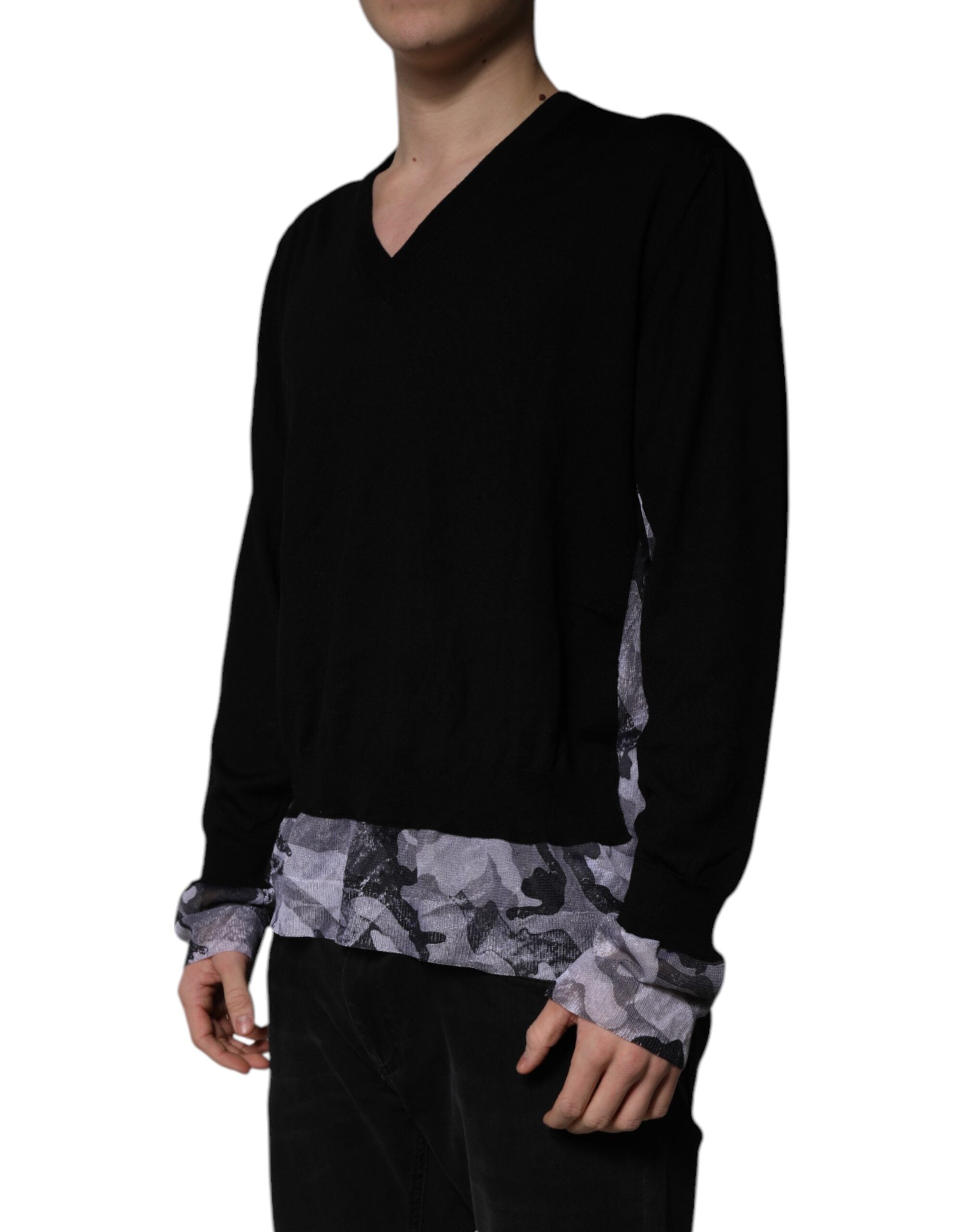 Dolce & Gabbana Black Camouflage V-neck Pullover Men's Sweater