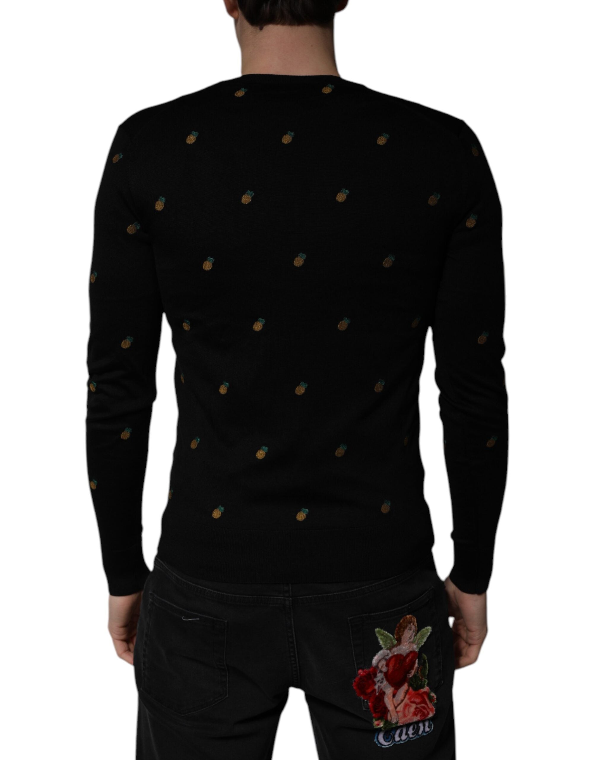 Dolce & Gabbana Black Pineapple Crew Neck Pullover Men's Sweater