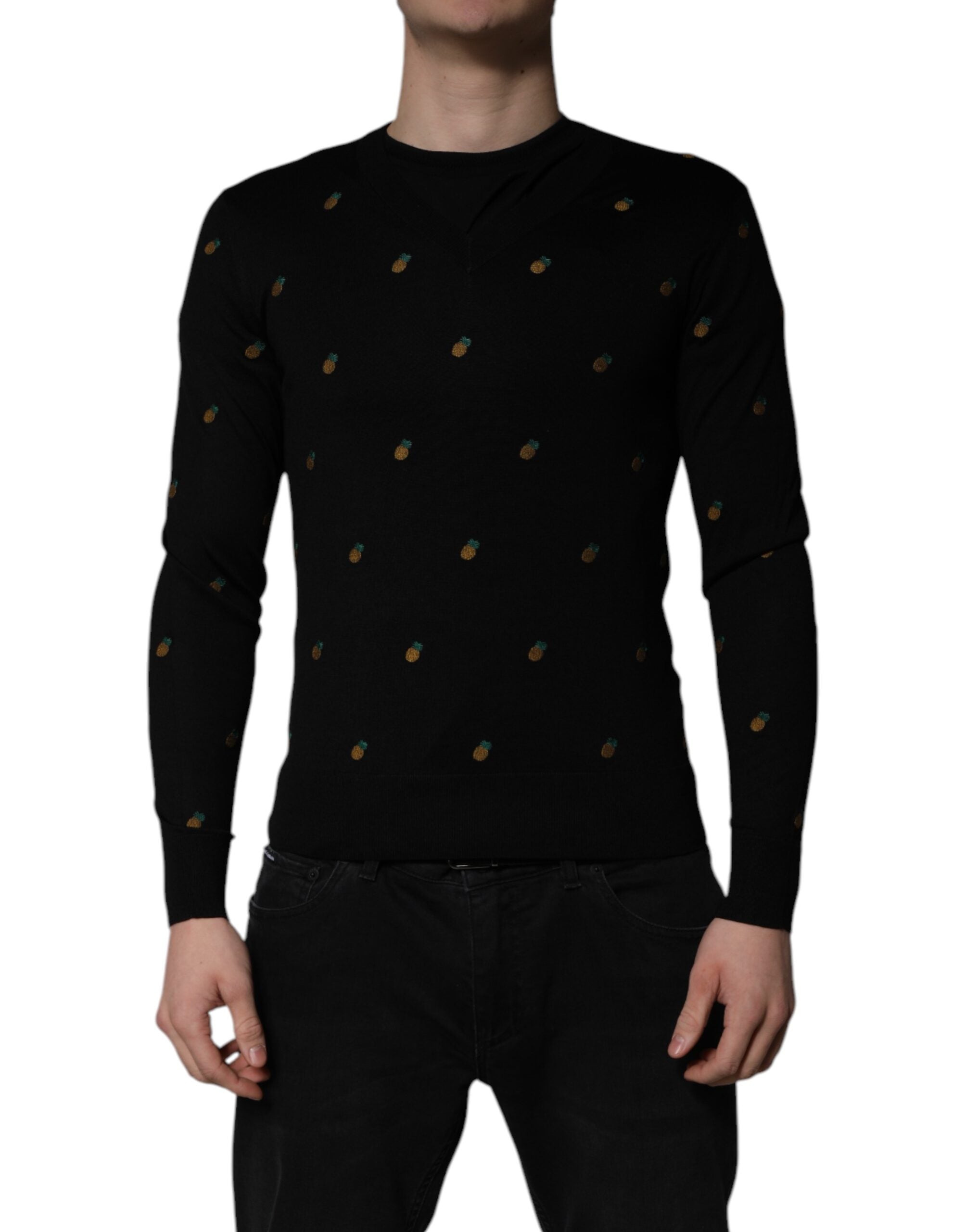 Dolce & Gabbana Black Pineapple Crew Neck Pullover Men's Sweater