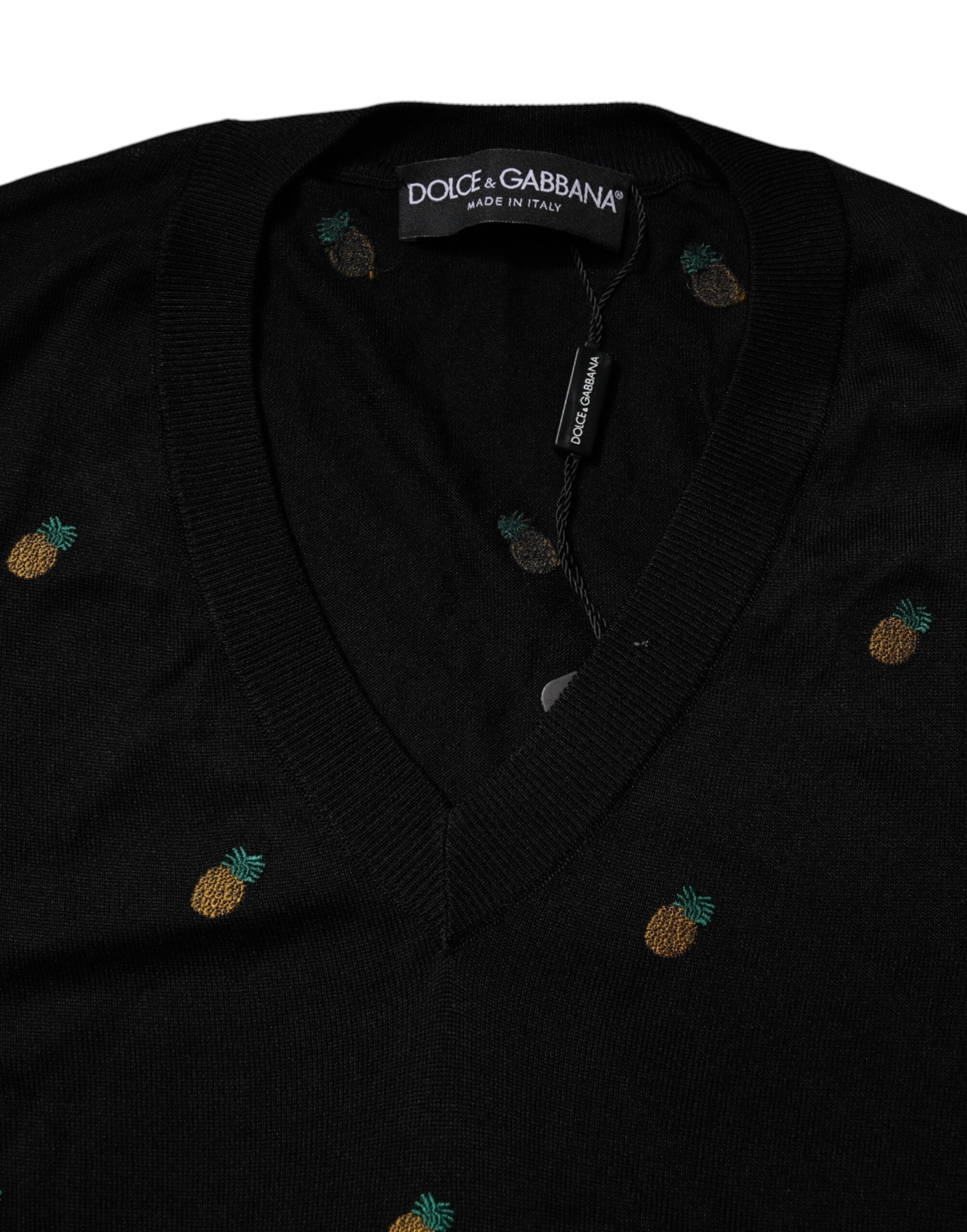Dolce & Gabbana Black Pineapple Crew Neck Pullover Men's Sweater