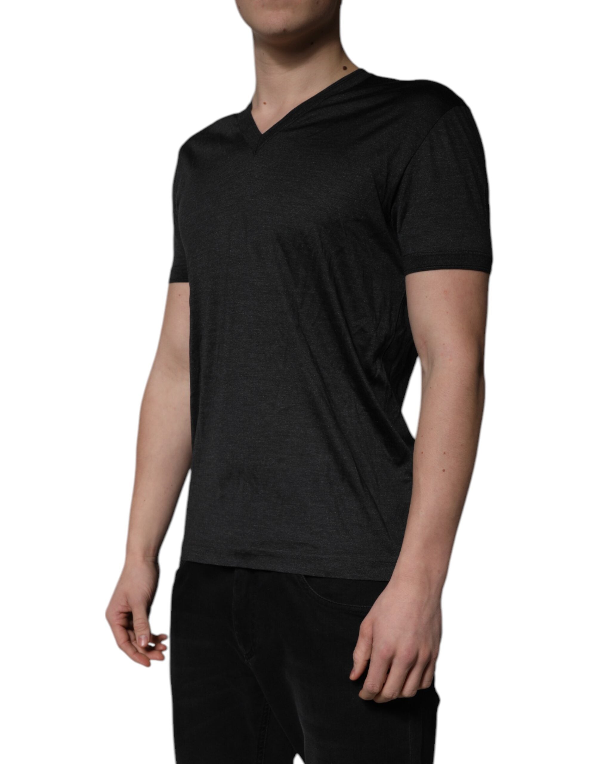 Dolce & Gabbana Dark Gray Silk V-neck Short Sleeves Men's T-shirt (Pre-Owned)