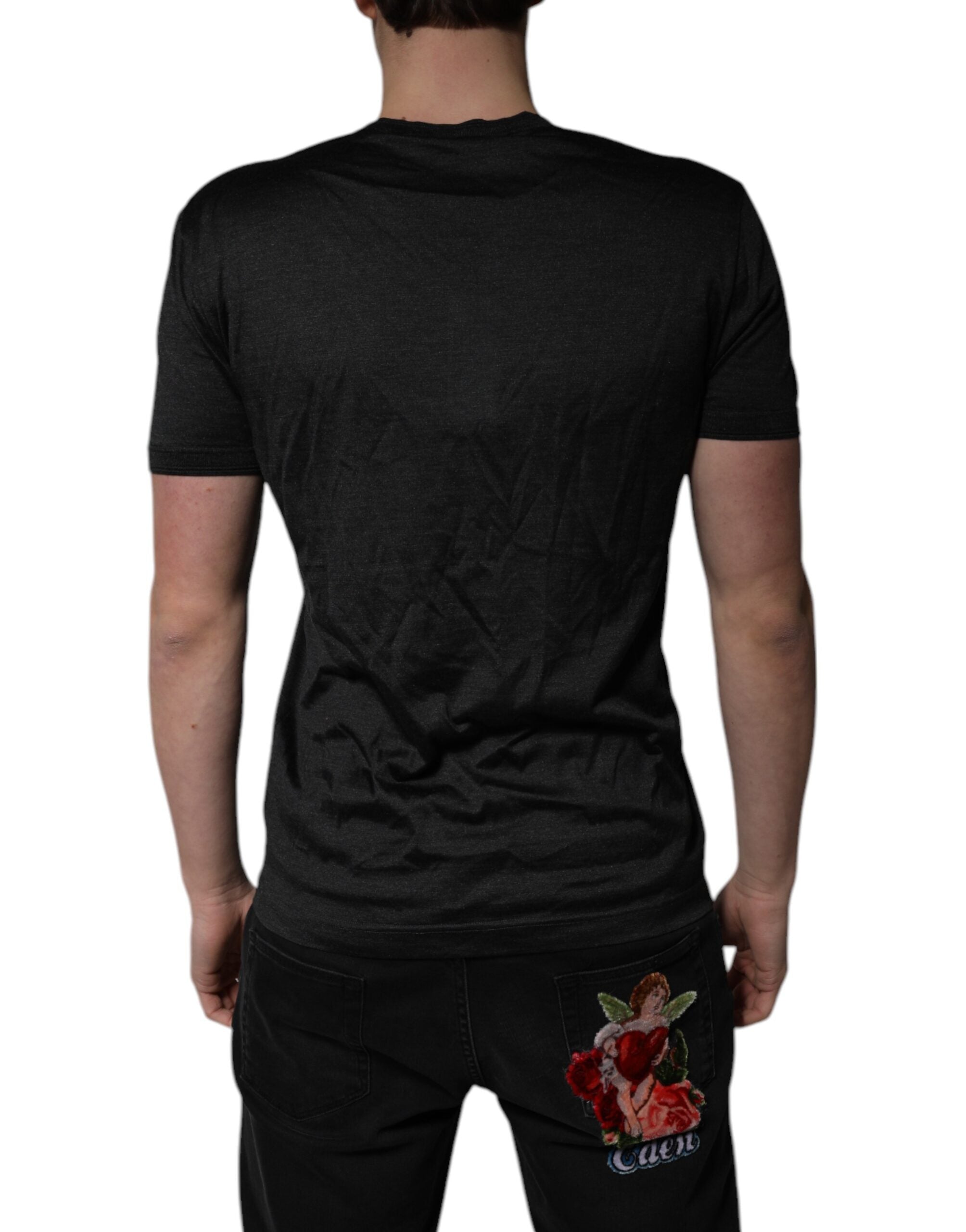 Dolce & Gabbana Dark Gray Silk V-neck Short Sleeves Men's T-shirt (Pre-Owned)